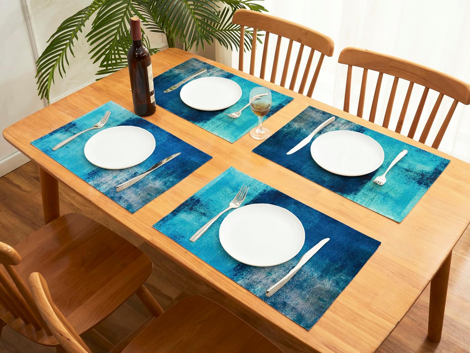 Winotic Juego de 4 manteles individuales color azul turquesa, pintura artística abstracta moderna, lavables, manteles de lino para decoración de
