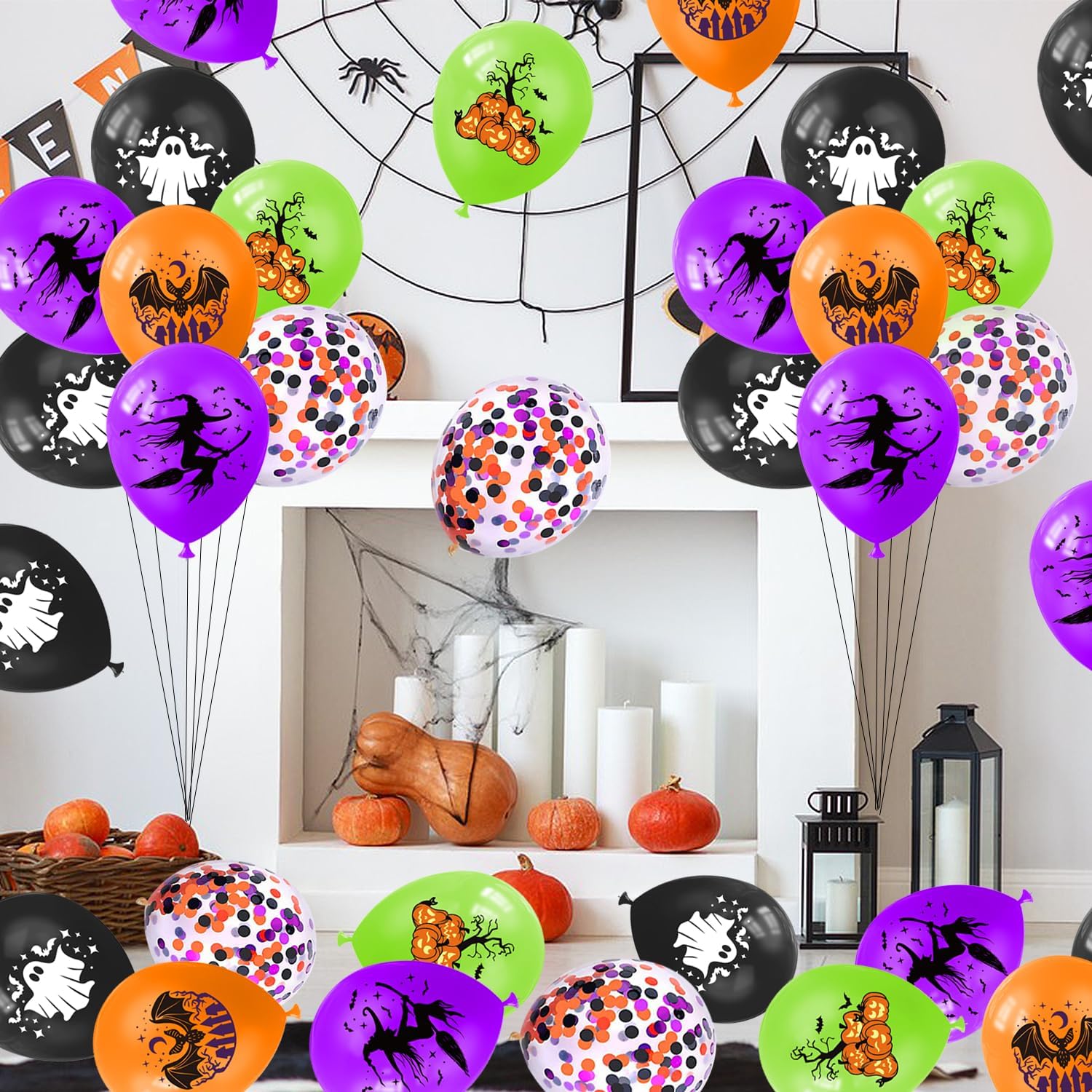 KORHONEN Globos de Halloween, 60 globos de látex de confeti de 12 pulgadas, color morado, naranja, verde, negro, confeti, para suministros de fiesta