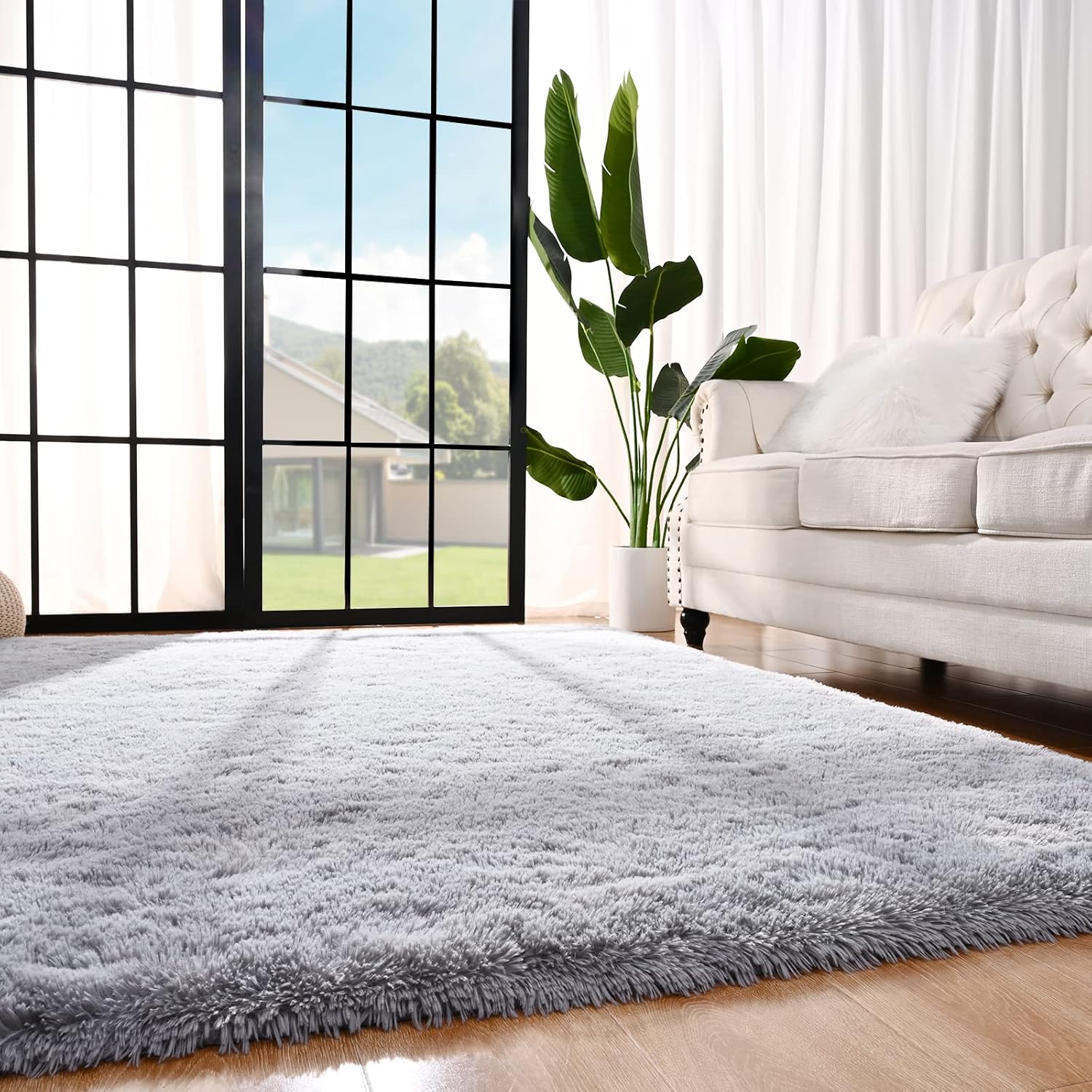 Alfombras grises ultrasuaves para dormitorio, de 7 x 10 pies, alfombras peludas para sala de estar, alfombra peluda grande y cómoda para niños,