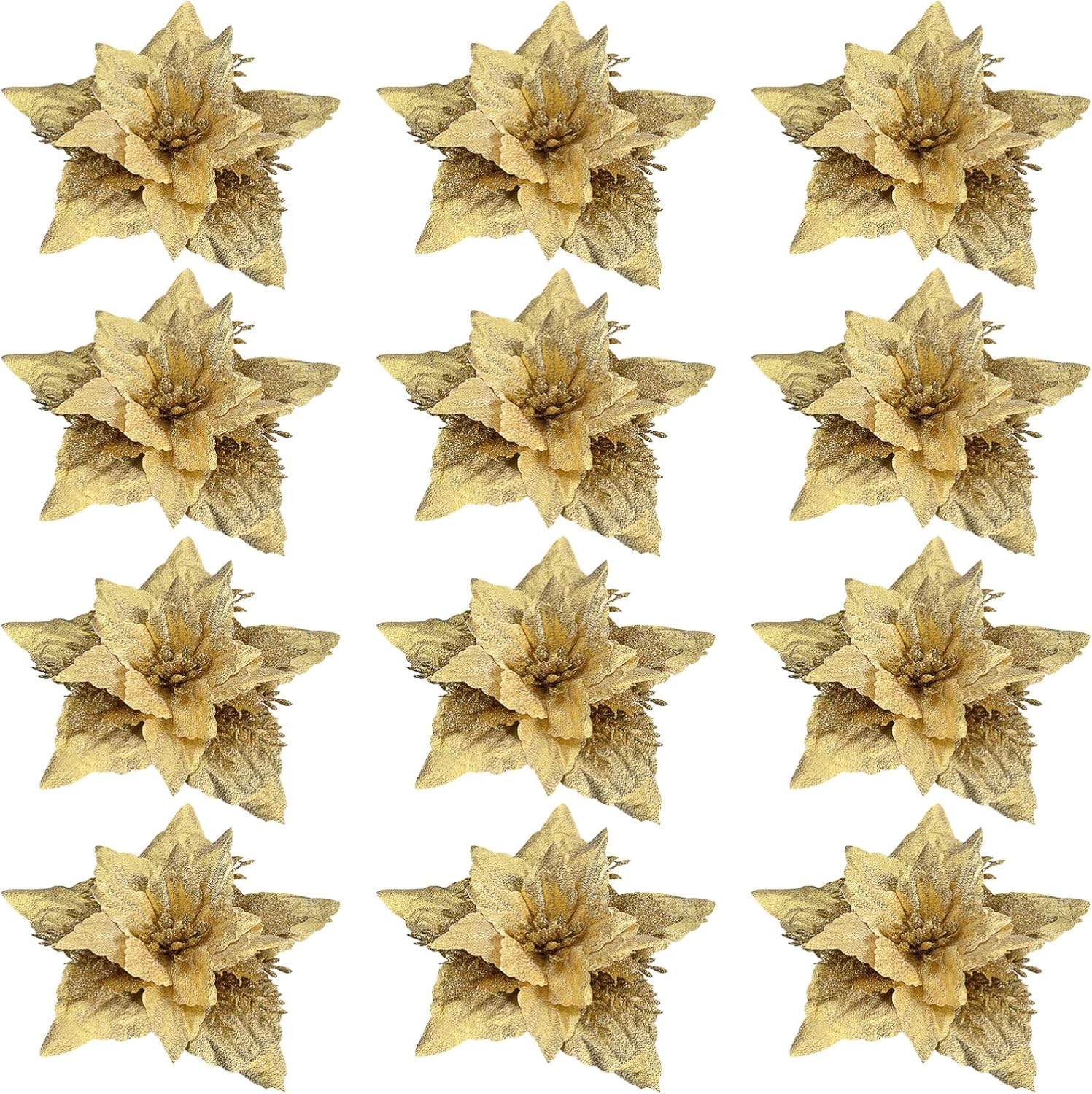 Gadpiparty 12 flores de pascua artificiales con purpurina para Navidad, flores artificiales con purpurina para decoración de árbol con clips y tallo