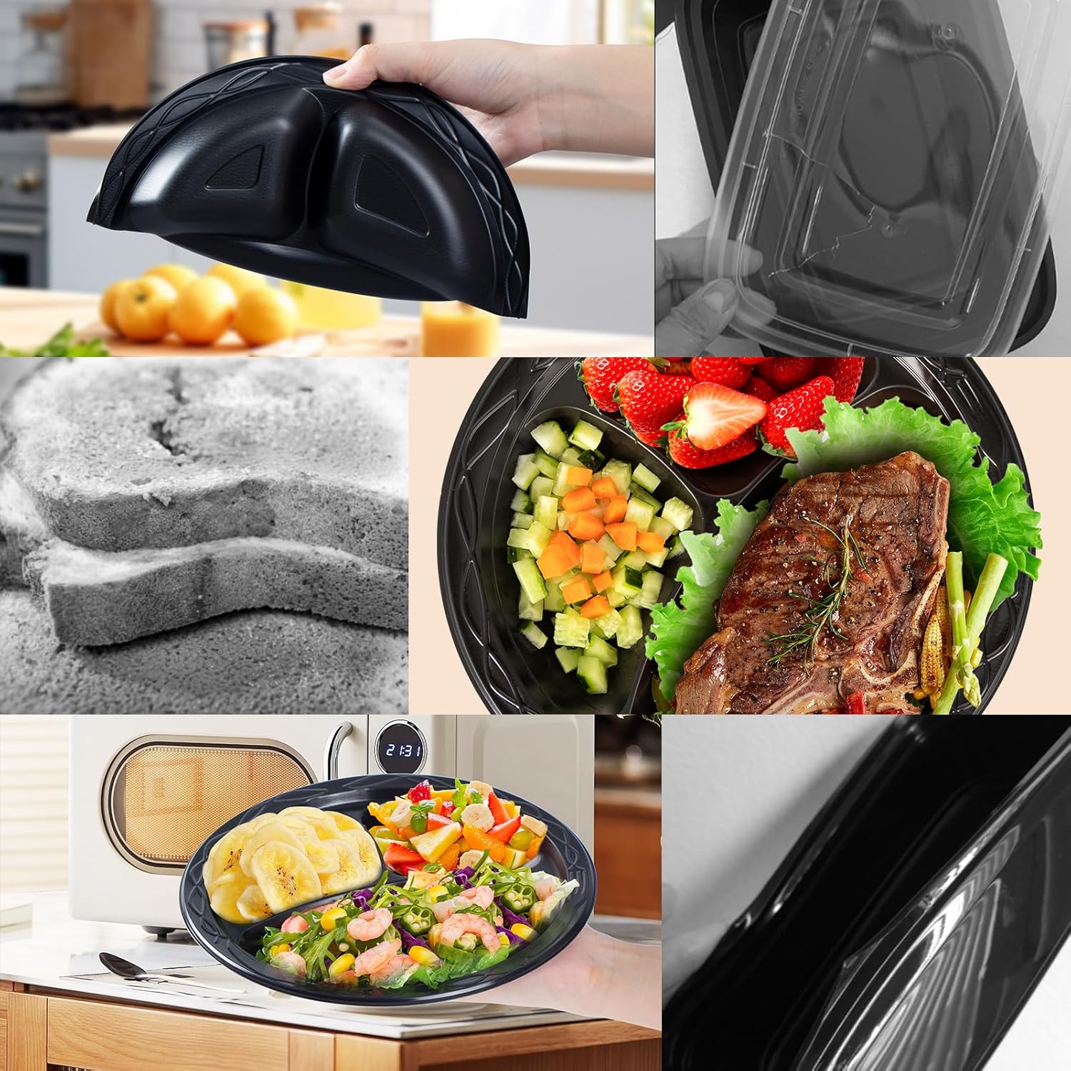YANGRUI Platos de plástico reutilizables, 10 pulgadas, 3 compartimentos, aptos para microondas, platos desechables de grado alimenticio, platos de