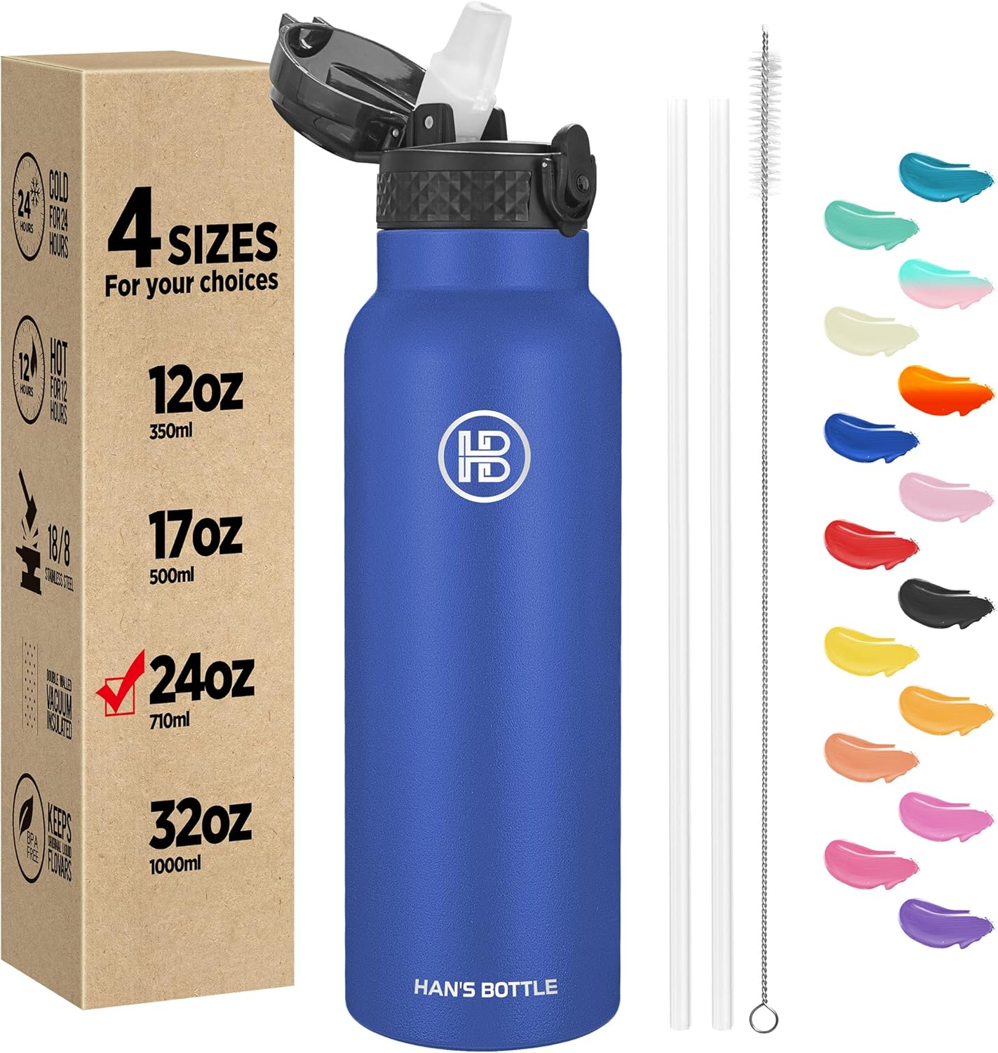 Han’s Bottle Botella de agua deportiva de 24 onzas, tapa con pajilla, a prueba de fugas, acero inoxidable aislado al vacío, doble pared, taza