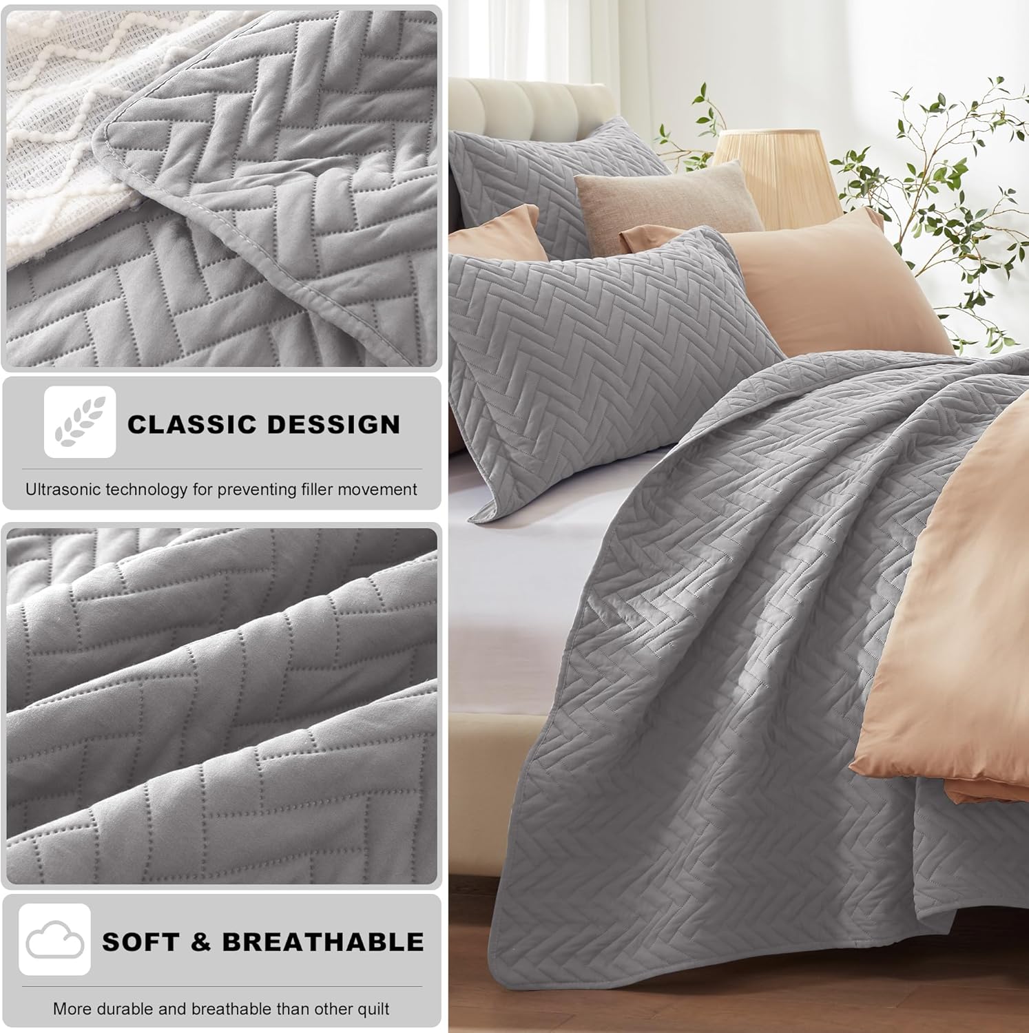 GRT Juego de edredón gris tamaño King con fundas de almohada, edredón ligero, reversible, estilo moderno, patrón rectangular, juego de ropa de cama