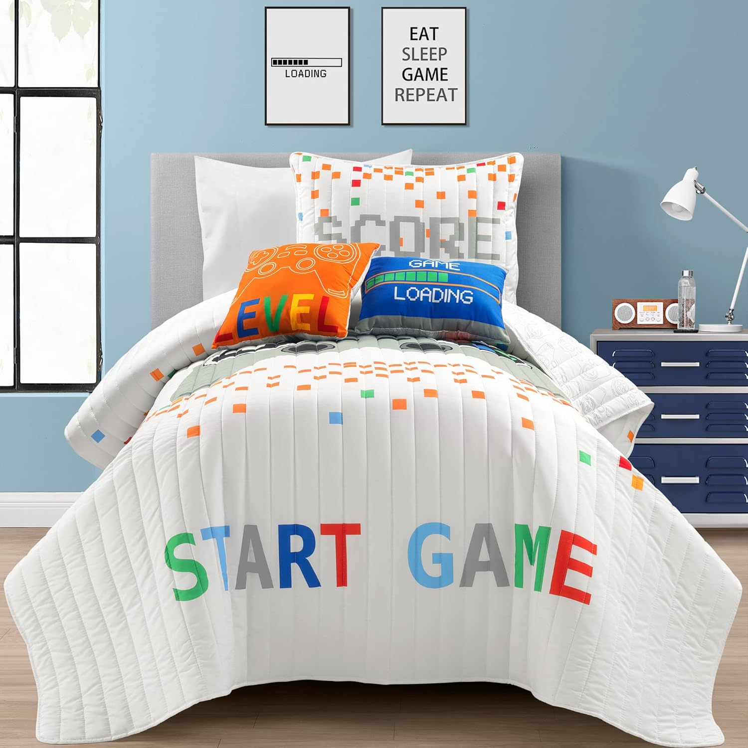 Lush Decor Juego de edredón reversible de 4 piezas de videojuegos, tamaño individual, color blanco
