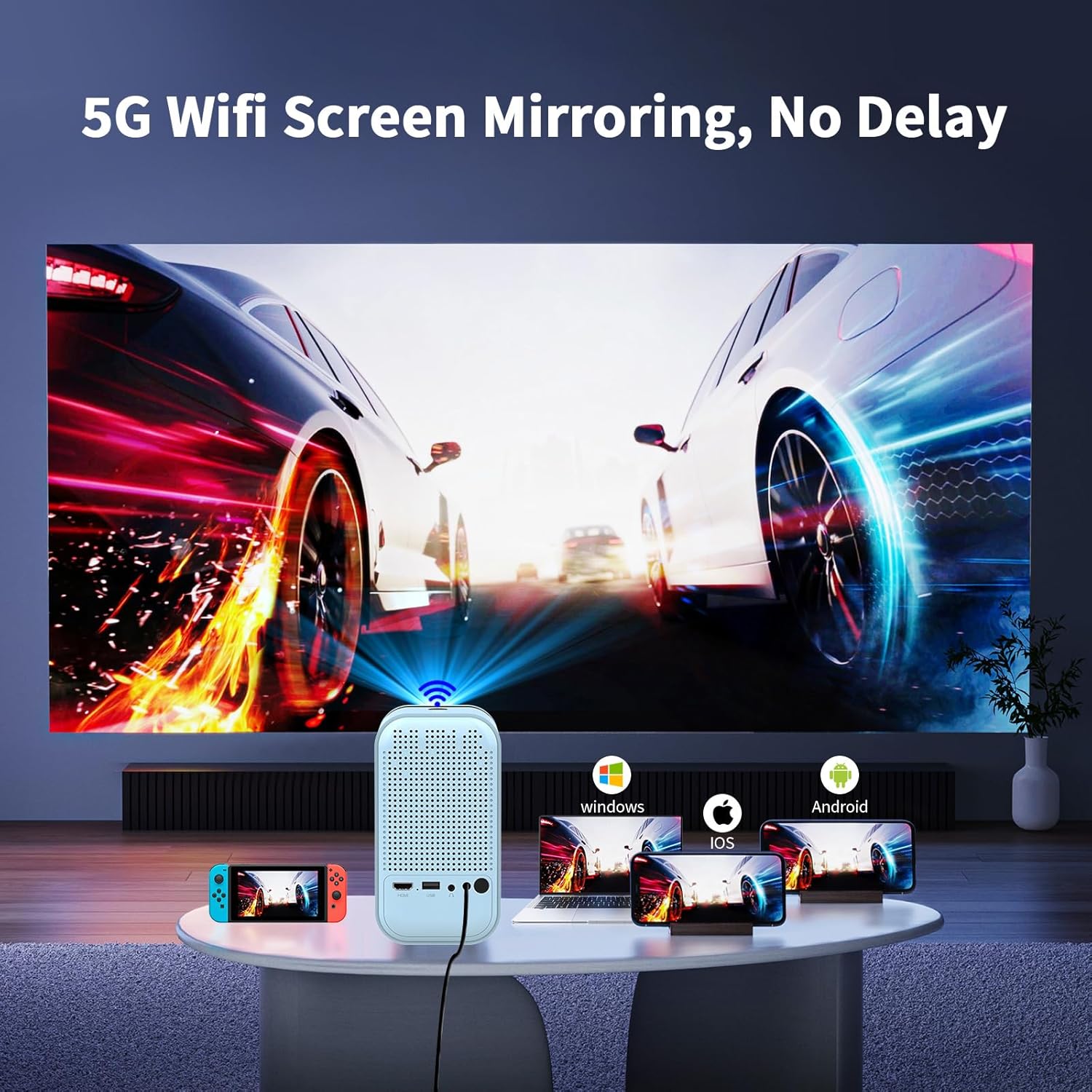 Mini proyector con WiFi 5G y Bluetooth, proyector compatible con 1080P con soporte para proyector, proyector de películas compatible con iOSteléfono