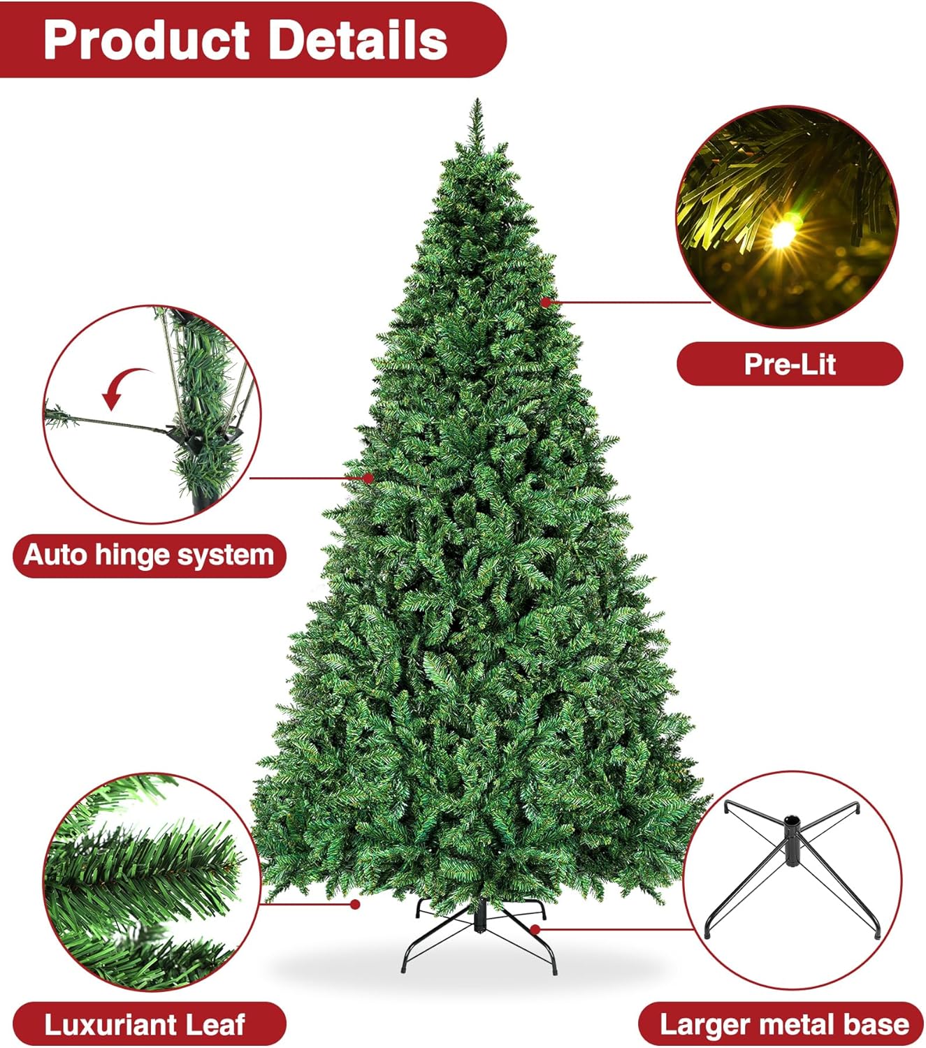 BROVIEW Árbol de Navidad artificial preiluminado de 6.5 pies, pinos de Navidad con bisagras de alta calidad con 400 luces blancas cálidas, 1100