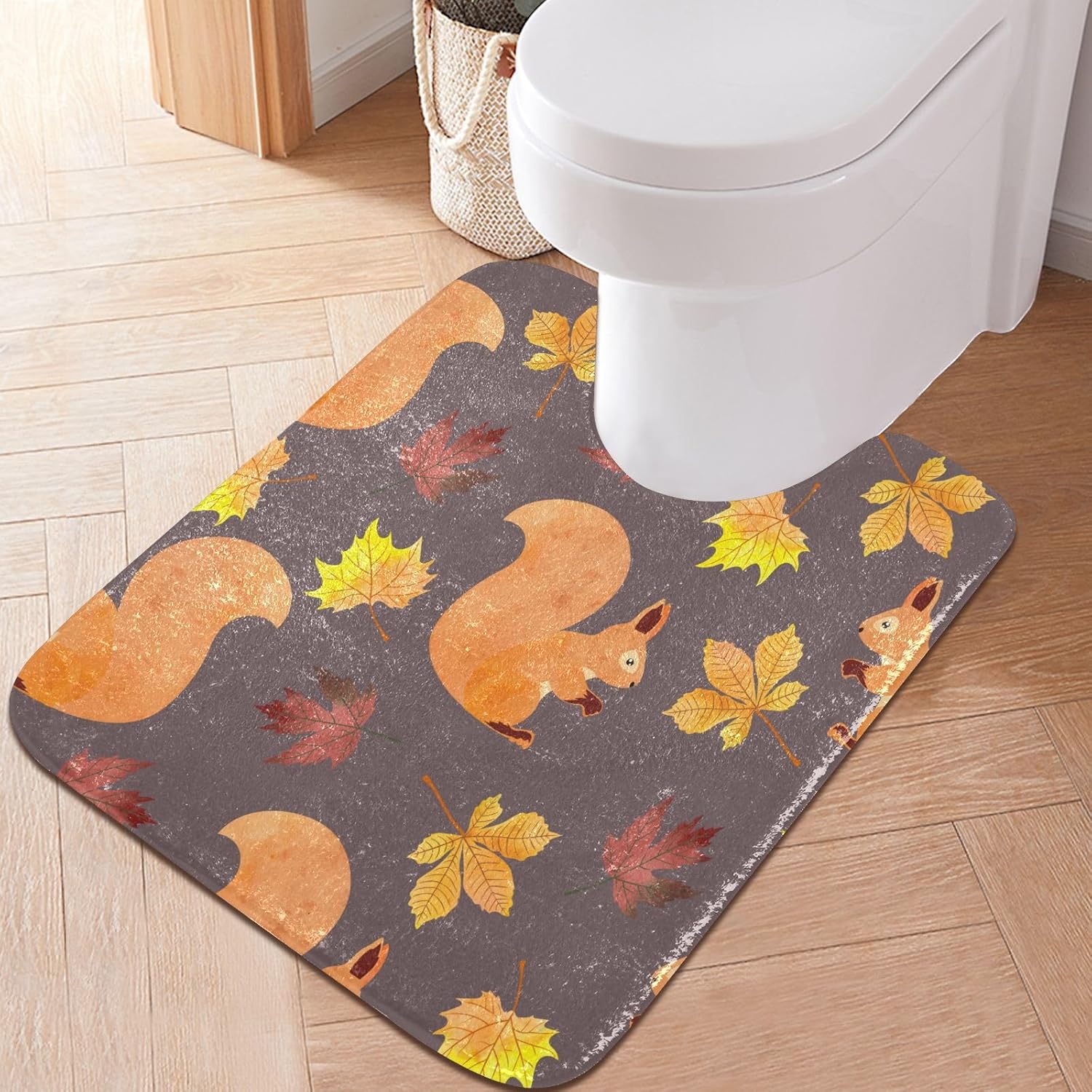 Bathroom Rugs Sets 2 Piece 24×16+24×20 Inch,Soft U-Shaped Contour Toilet Rug Autumn Squirrel Cute Non-Slip Absorbent Bath Floor Mat Carpet Set Water