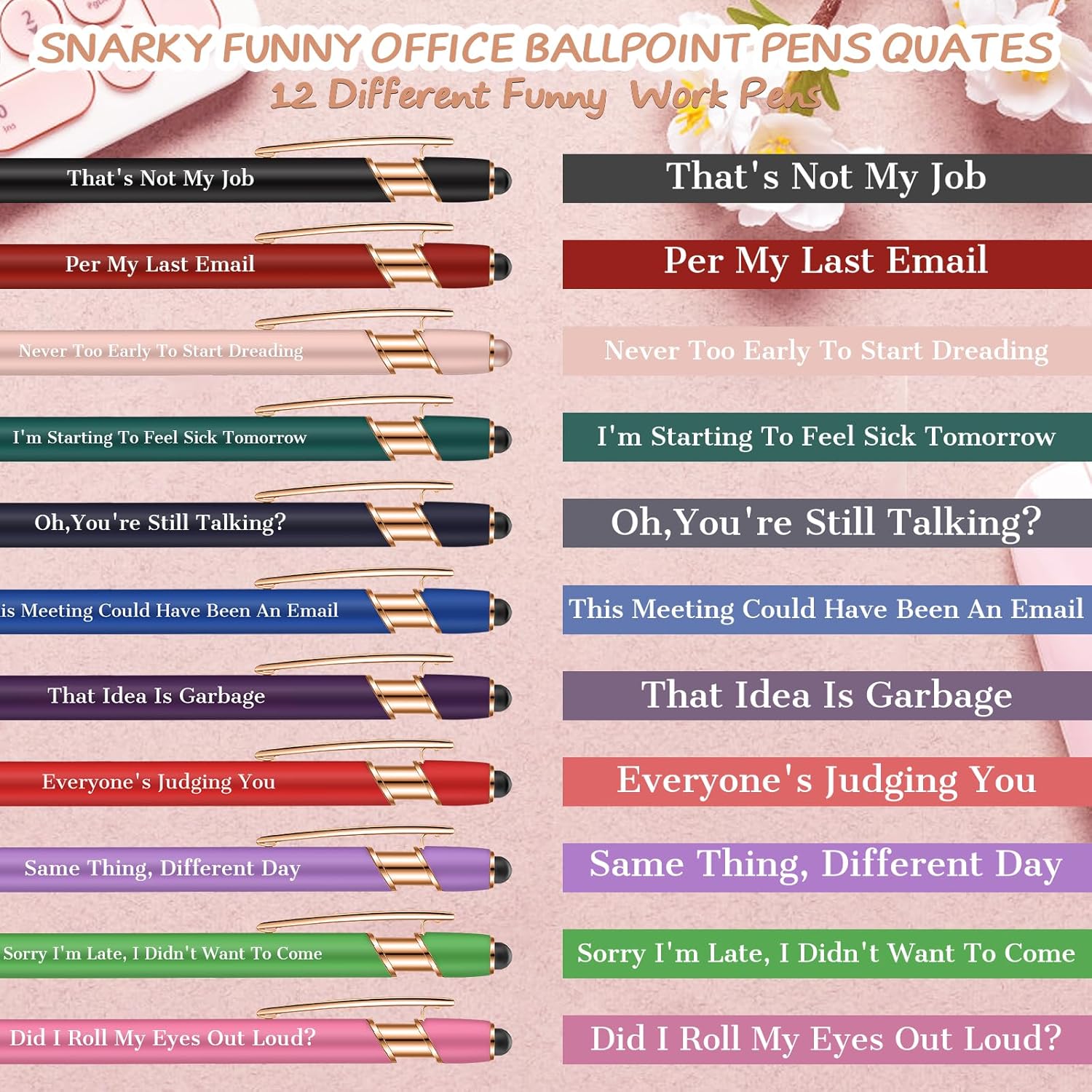 Snarky – Bolígrafos divertidos de oficina, 12 bolígrafos de trabajo con citas sarcásticas negativas y sarcásticas divertidas con punta de lápiz