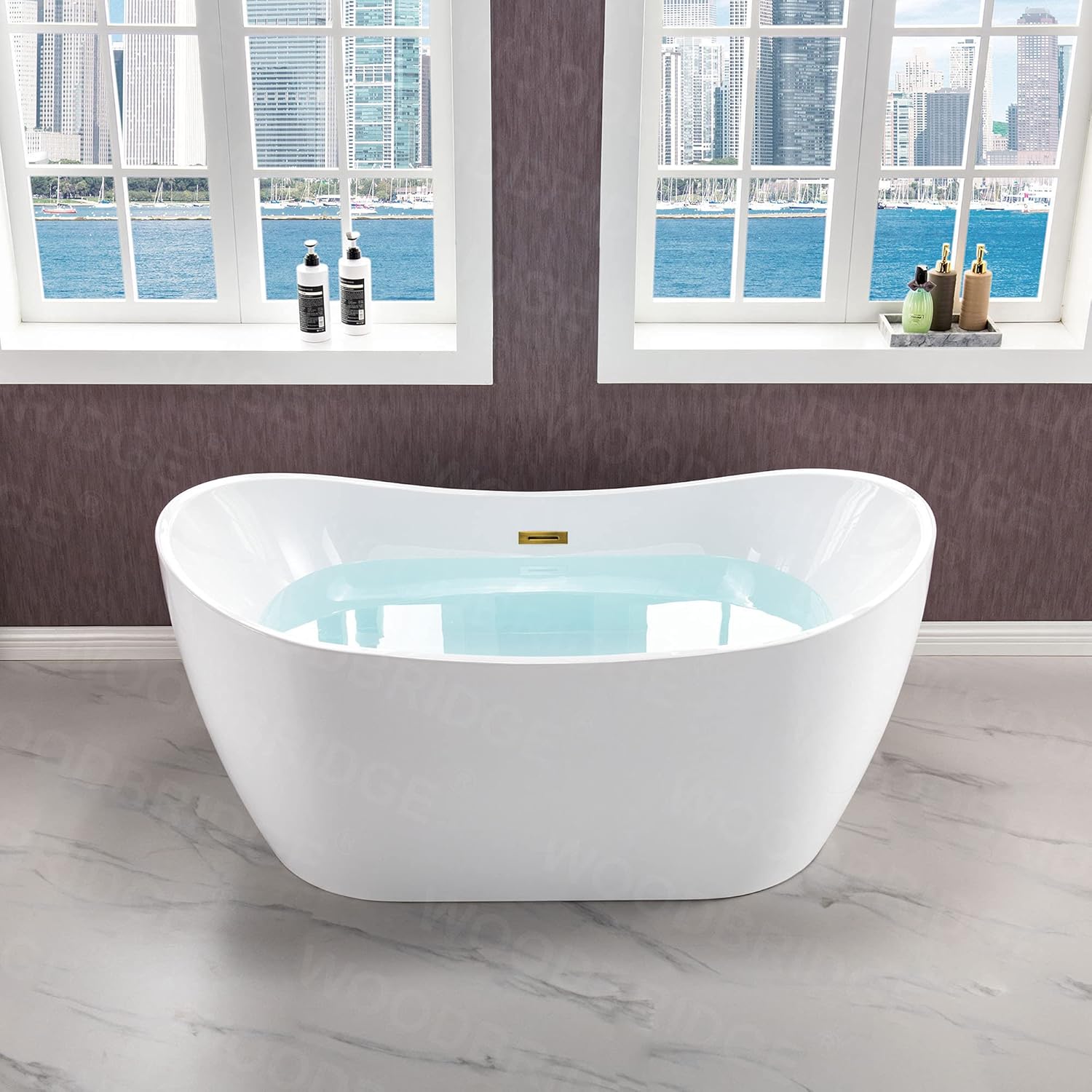 WOODBRIDGE BTA1516-BG-Drain-&O – Bañera de acrílico independiente de 59 pulgadas con desbordamiento y drenaje de oro cepillado, BTA1516-BG-Drain-&O