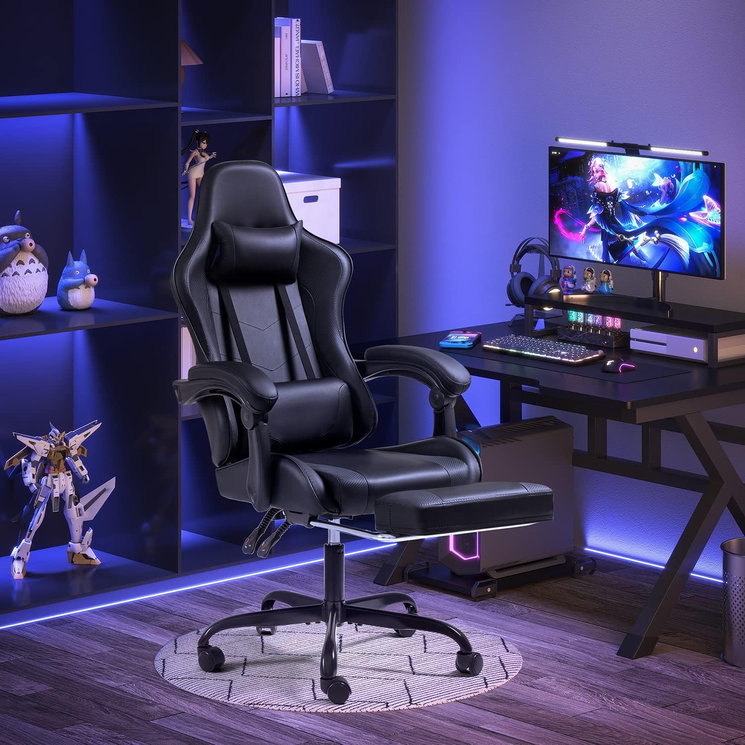 Shahoo Silla de juegos con reposapiés y soporte lumbar de masaje, asiento de carreras de video ajustable en altura con giro de 360 y reposacabezas