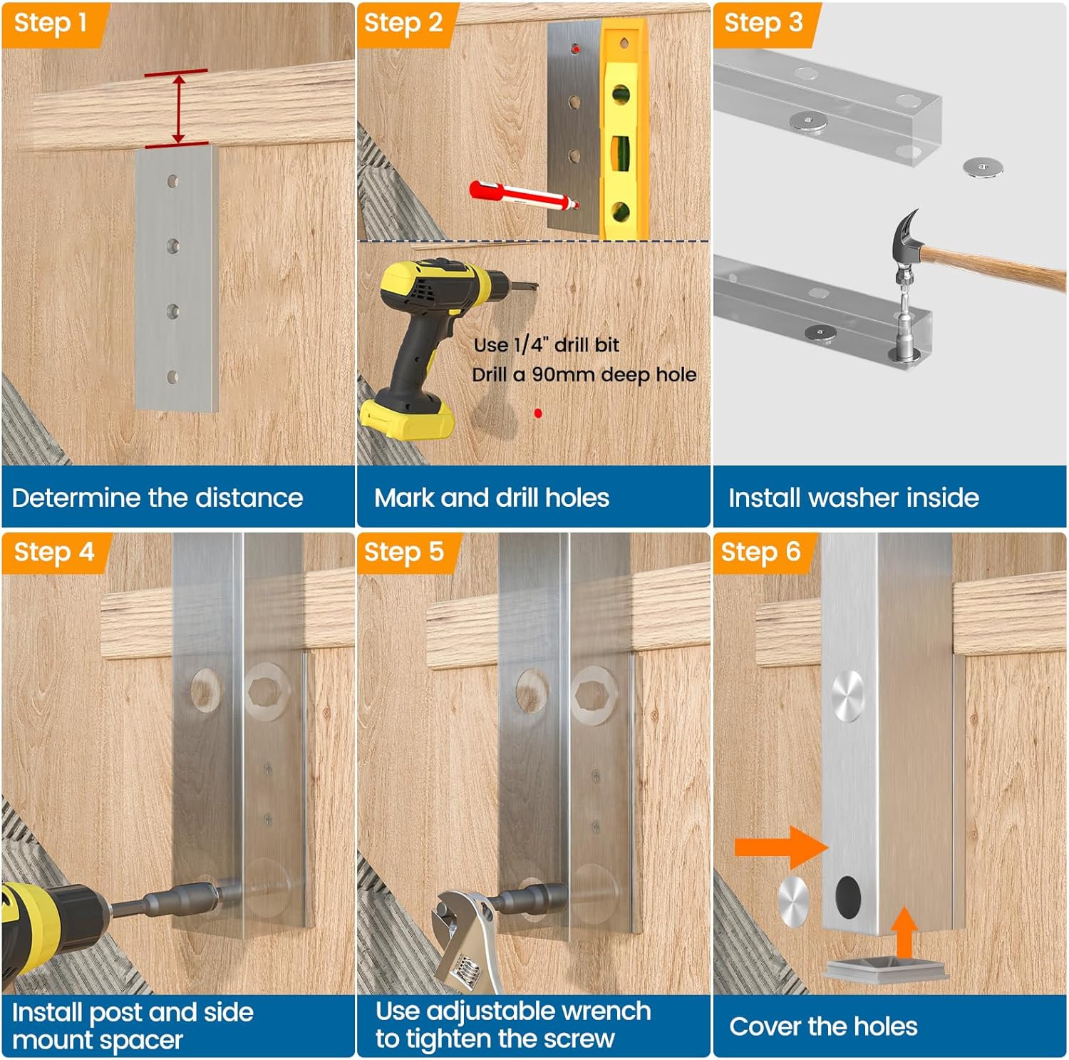 Muzata Poste de escalera de montaje lateral de 36 x 2 x 2 pulgadas, apto para 25 a 35 grados, poste de barandilla de cable de escalera, parte