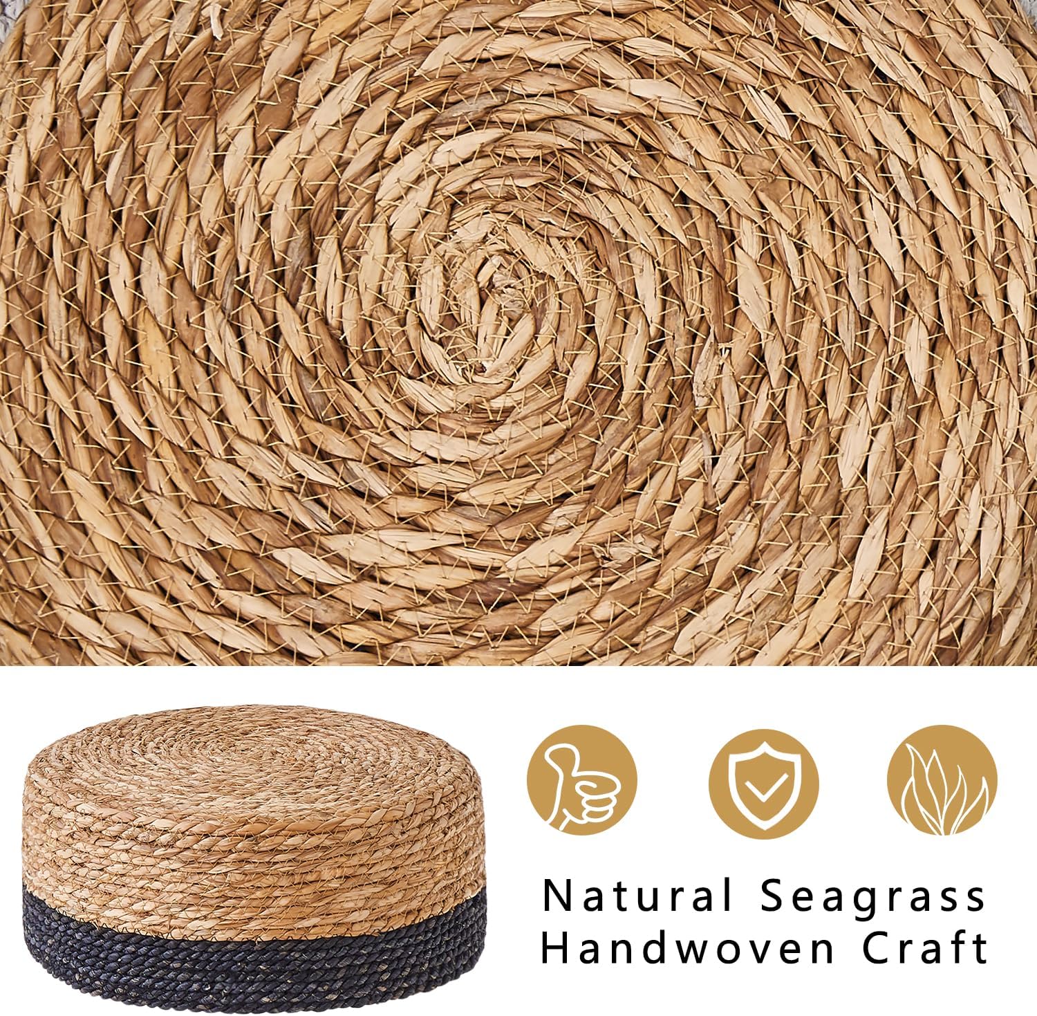 Cpintltr Natural Seagrass – Pufs de tejido a mano, taburete otomano de terciopelo, taburete otomano redondo con patas de metal para sala de estar,