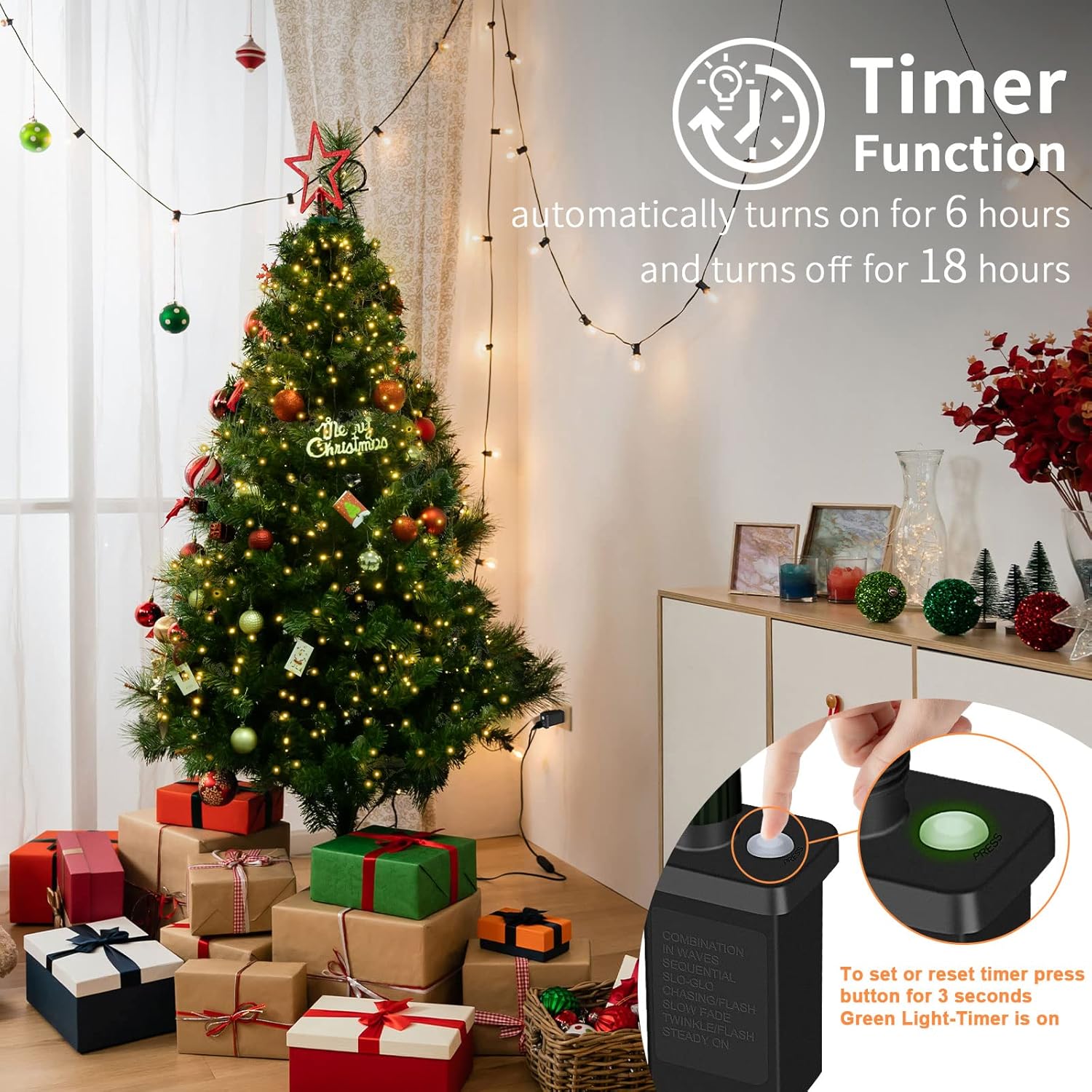 BOLWEO Luces de árbol de Navidad, 592 luces LED de 16 líneas de luces de Navidad para árbol, 8 modos para árbol de Navidad de 8 a 10 pies,