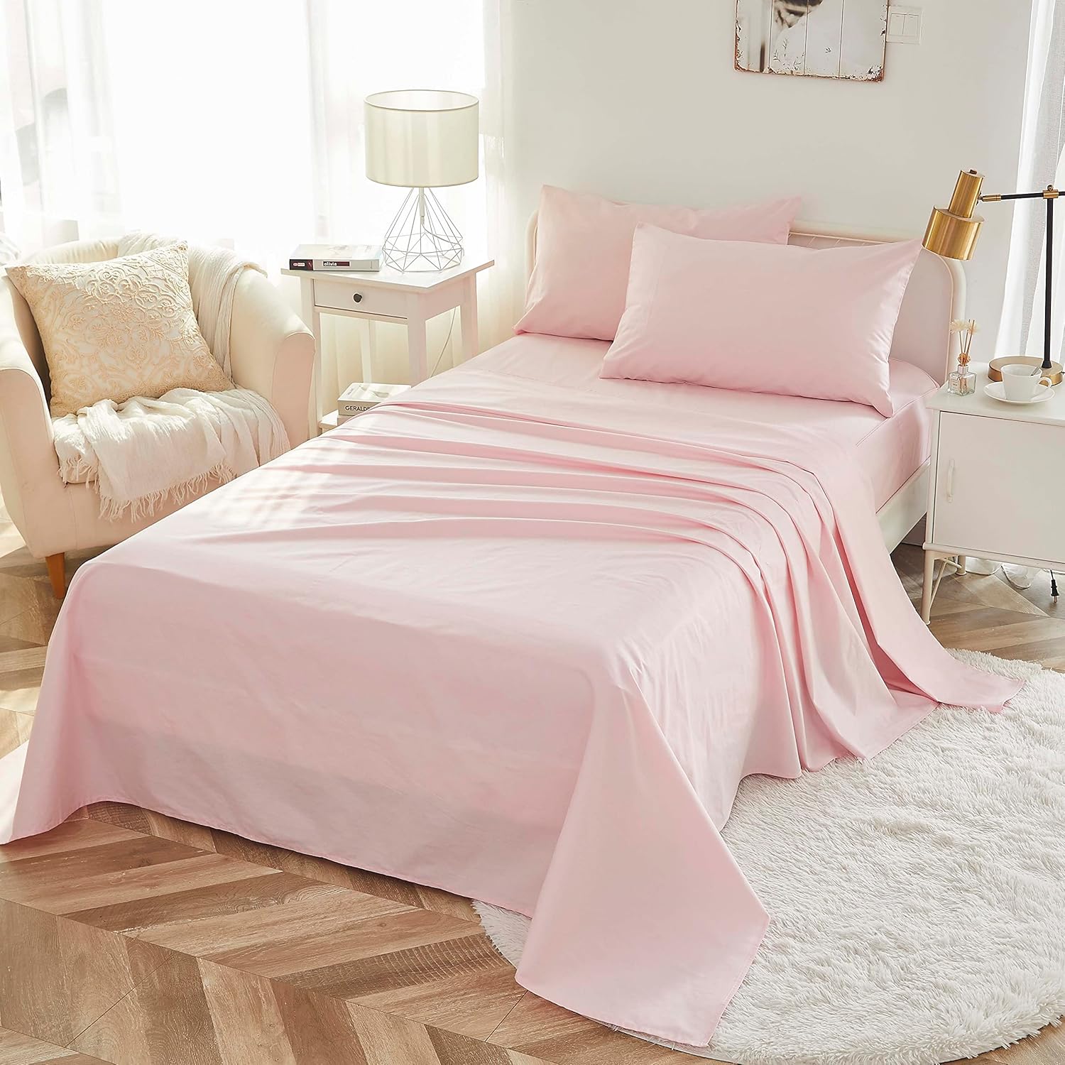 Brandream Juego de sábanas para niñas, tamaño individual, ropa de cama para niños, color rosa, 100% algodón orgánico, 3 piezas, color liso, suave y