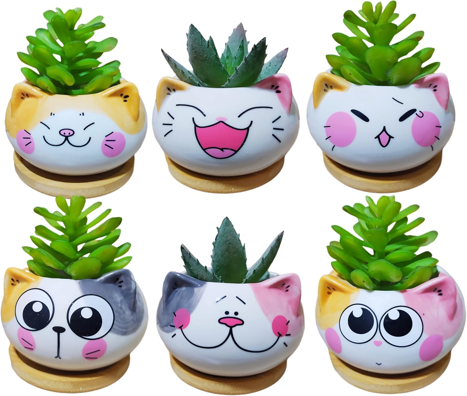 Juego de 6 macetas de cerámica para interiores de 3.5 pulgadas con forma de gato de dibujos animados con bandeja de bambú (planta no incluida)