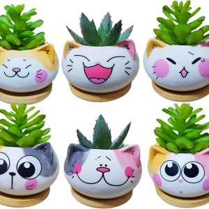Juego de 6 macetas de cerámica para interiores de 3.5 pulgadas con forma de gato de dibujos animados con bandeja de bambú (planta no incluida) Juego de 6 macetas de cerámica para interiores de 3.5 pulgadas con forma de gato de dibujos animados con bandeja de bambú (planta no incluida)