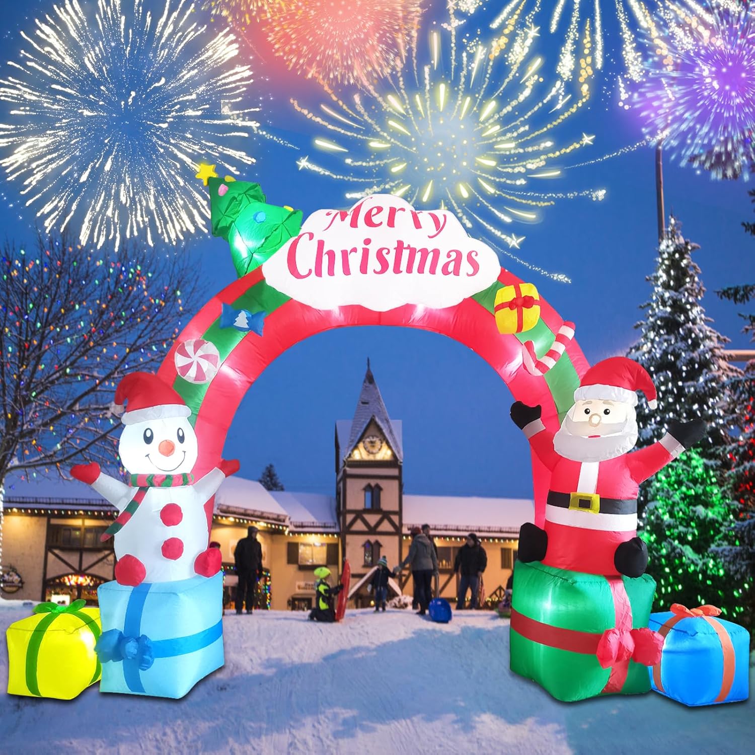Arco inflable de Navidad de 12.5 pies, Papá Noel inflable y muñeco de nieve sentado en cajas de regalo, arco de Navidad inflable para decoración de