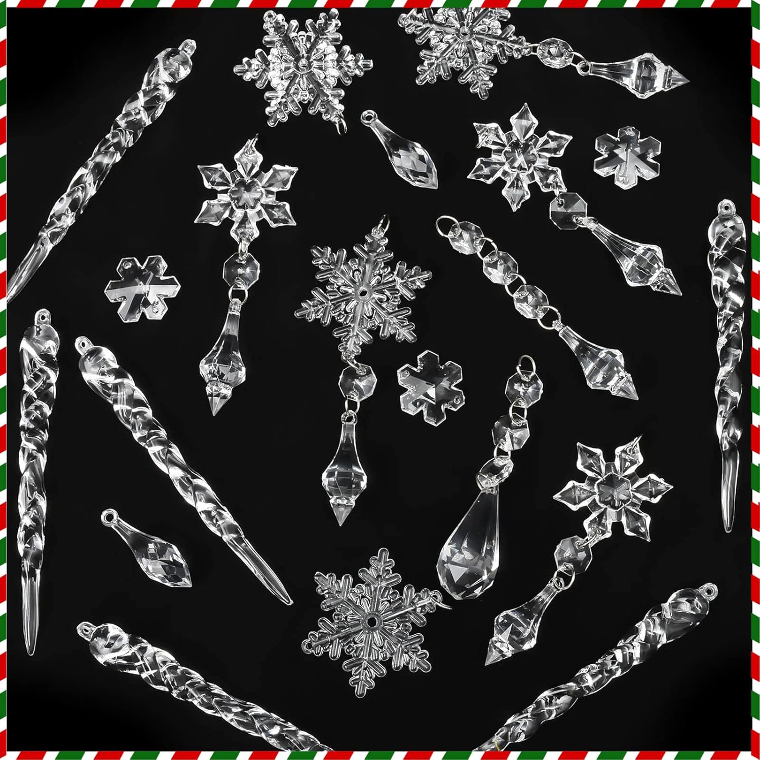 28 adornos de cristal para decoración de árbol de Navidad, juego de adornos colgantes de copo de nieve de Navidad, carámbano acrílico con línea de