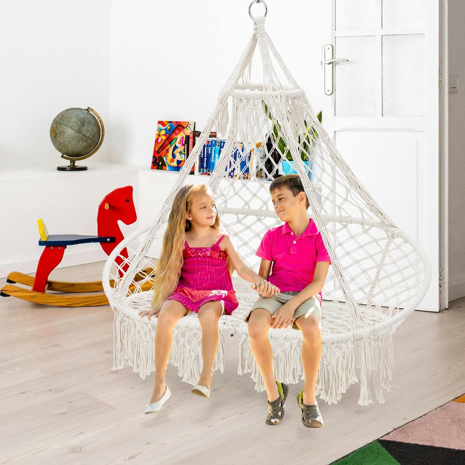Silla hamaca para 2 personas, columpio de macramé, silla colgante bohemia tejida a mano, marco de metal, capacidad de 400 libras para interiores y