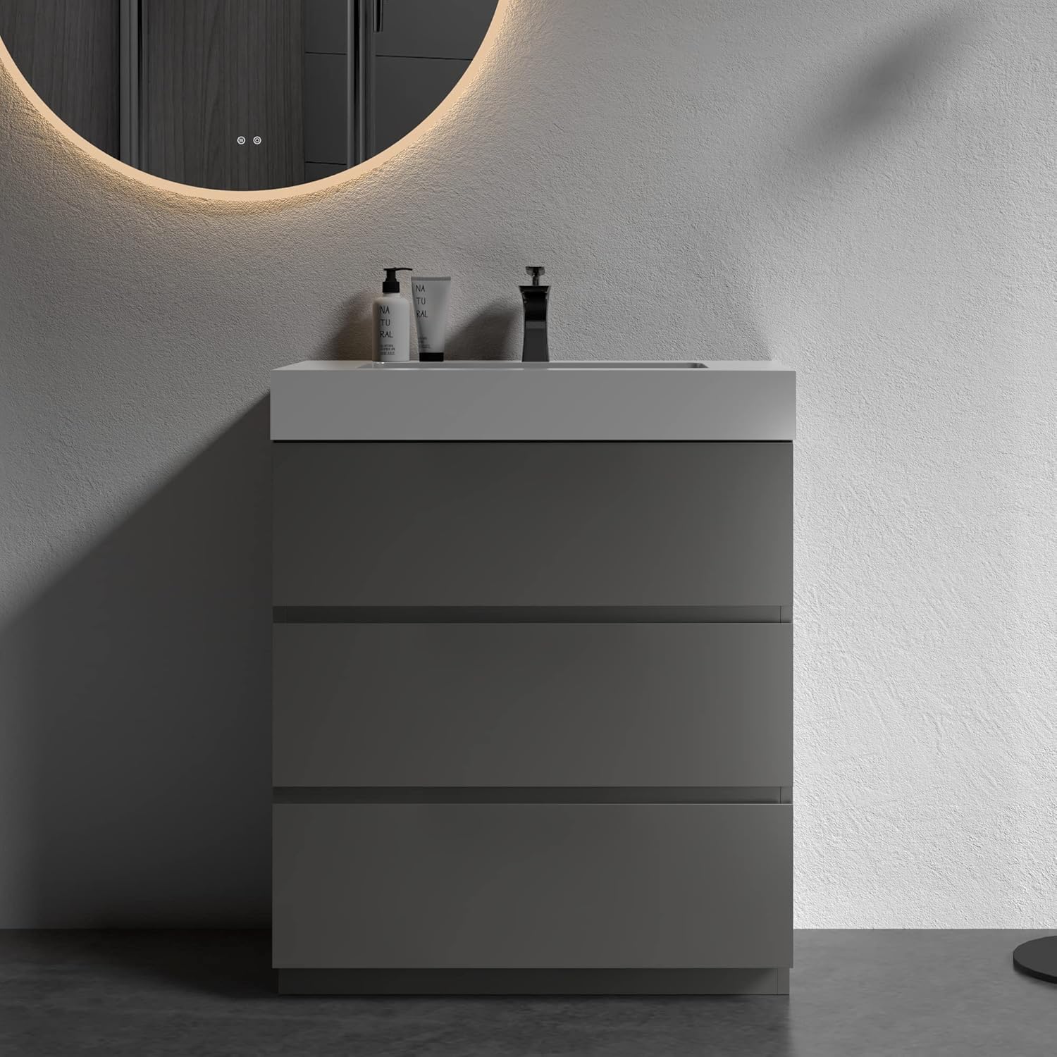 Alice – Tocador de baño de 30 pulgadas con fregadero con desbordamiento, gran almacenamiento pequeño para baño moderno, lavabo de una sola pieza,