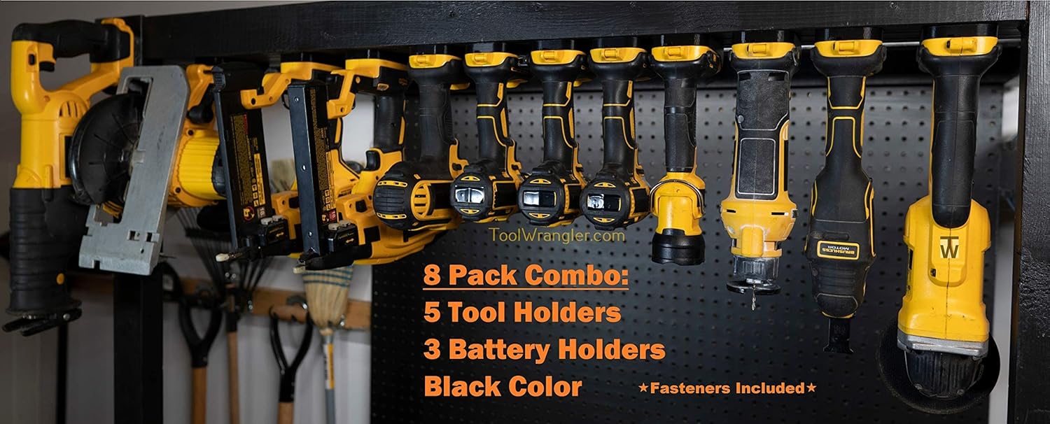 Tool Wrangler Organización para herramientas y baterías Dewalt de 20 V – Negro 8 piezas Combo 5+3  5 portaherramientas Dewalt + 3 soportes de
