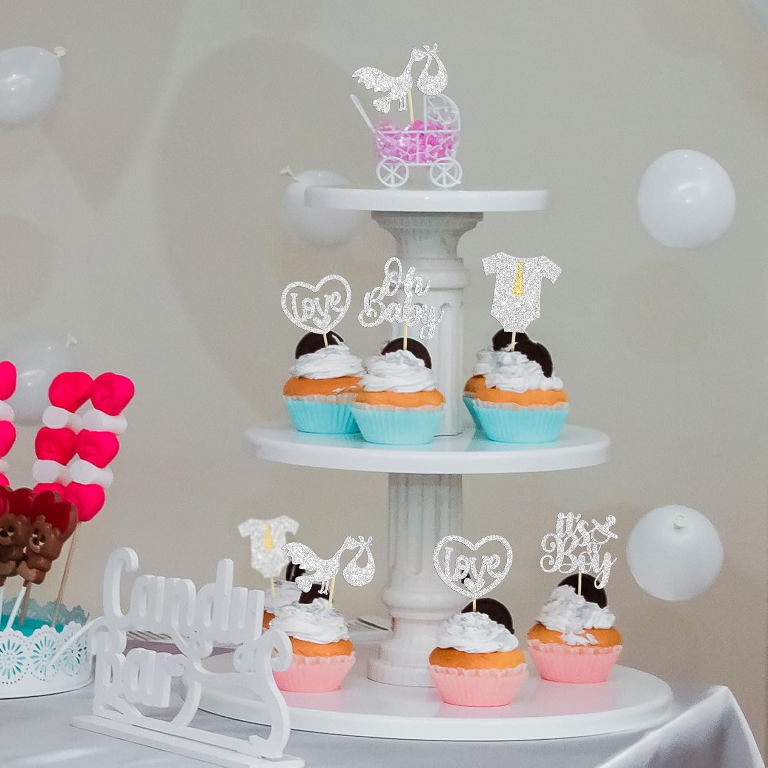 Gyufise 30 piezas de decoración para cupcakes “It’s a Boy” con purpurina para cupcakes con purpurina, mameluco con diseño de corazón, decoración