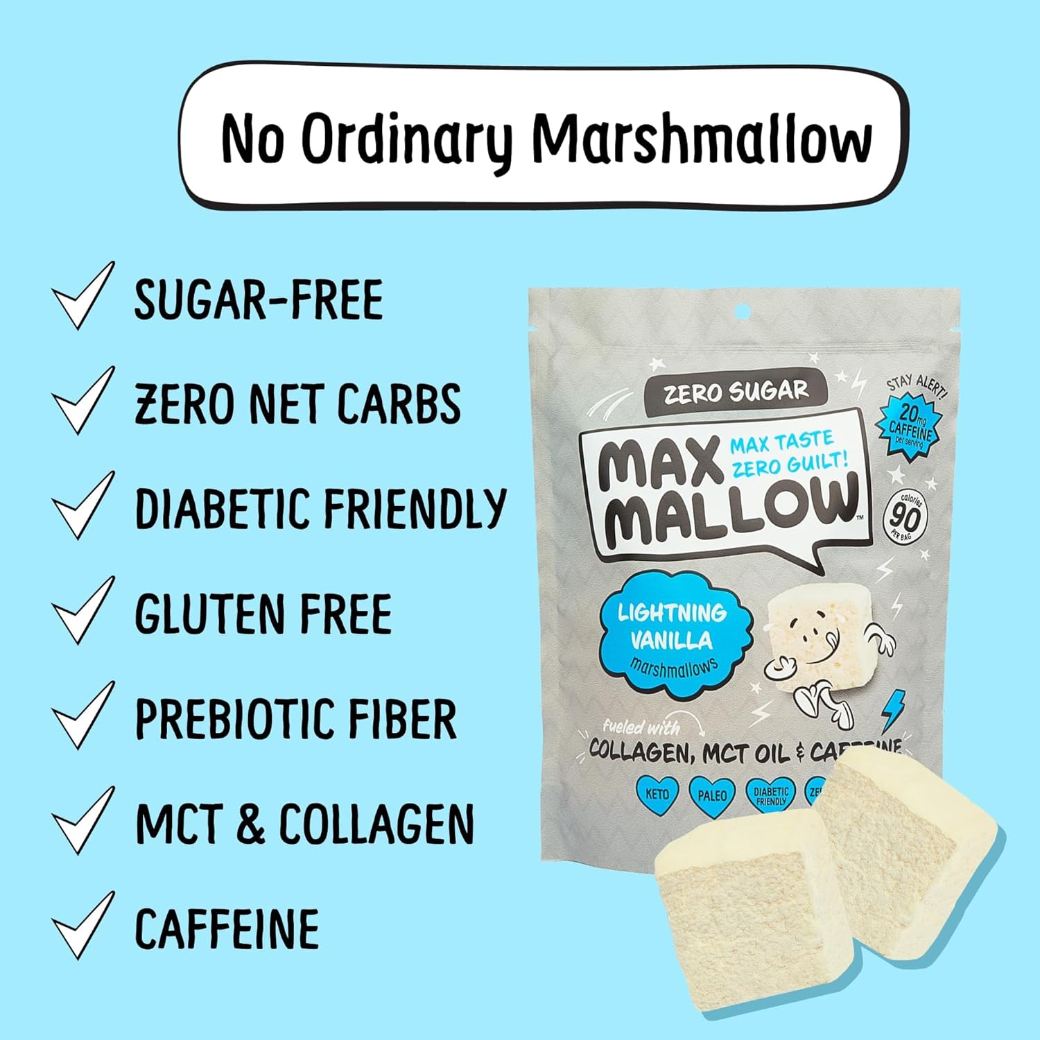 Know Brainer Max Mallow Lightning Vanilla – Malvavisco sin culpa y sin azúcar, bajo en carbohidratos, sin gluten y cetogénico, malvavisco alimentado