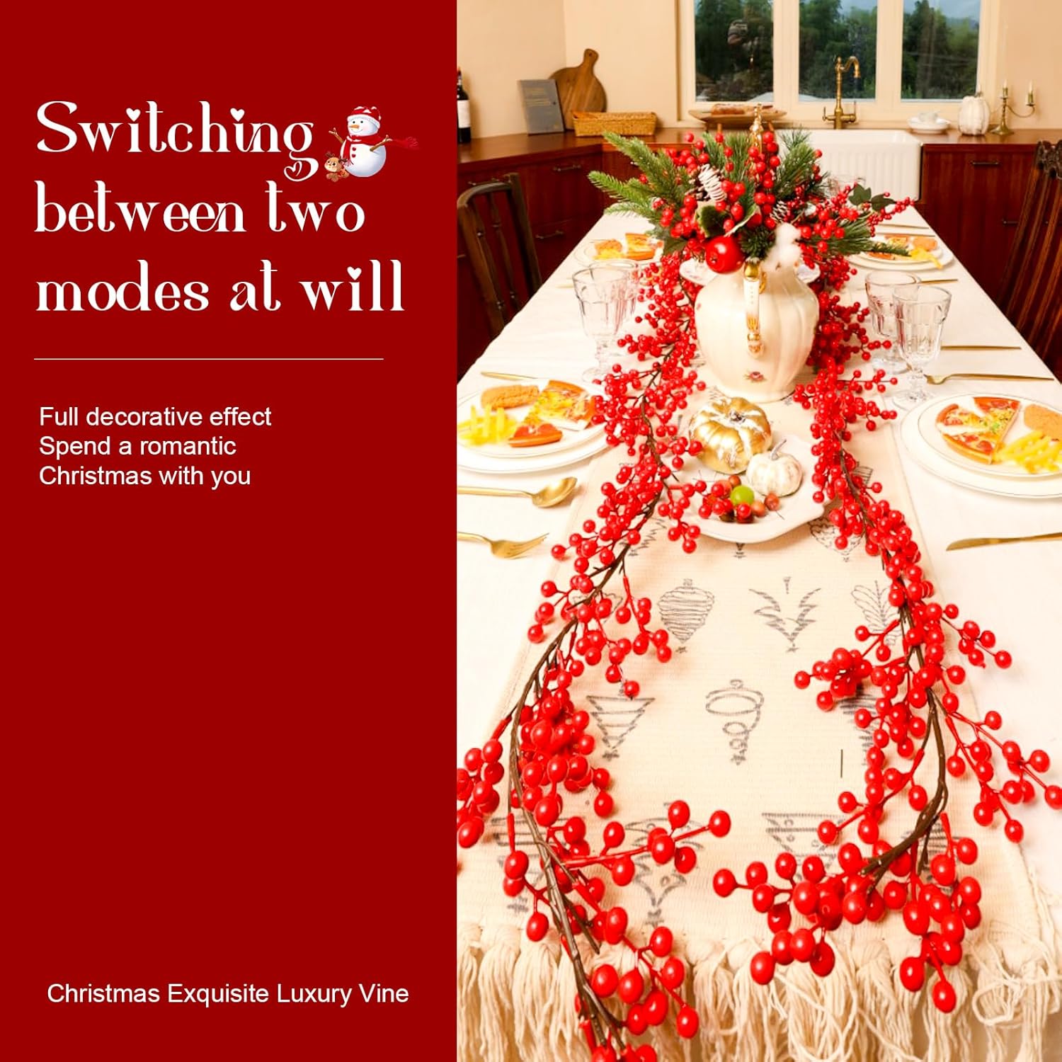 Joyhalo Guirnalda de bayas rojas, vid de bayas de acebo de Navidad de 8.9 pies para árbol de Navidad, guirnalda de bayas de invierno para manto,