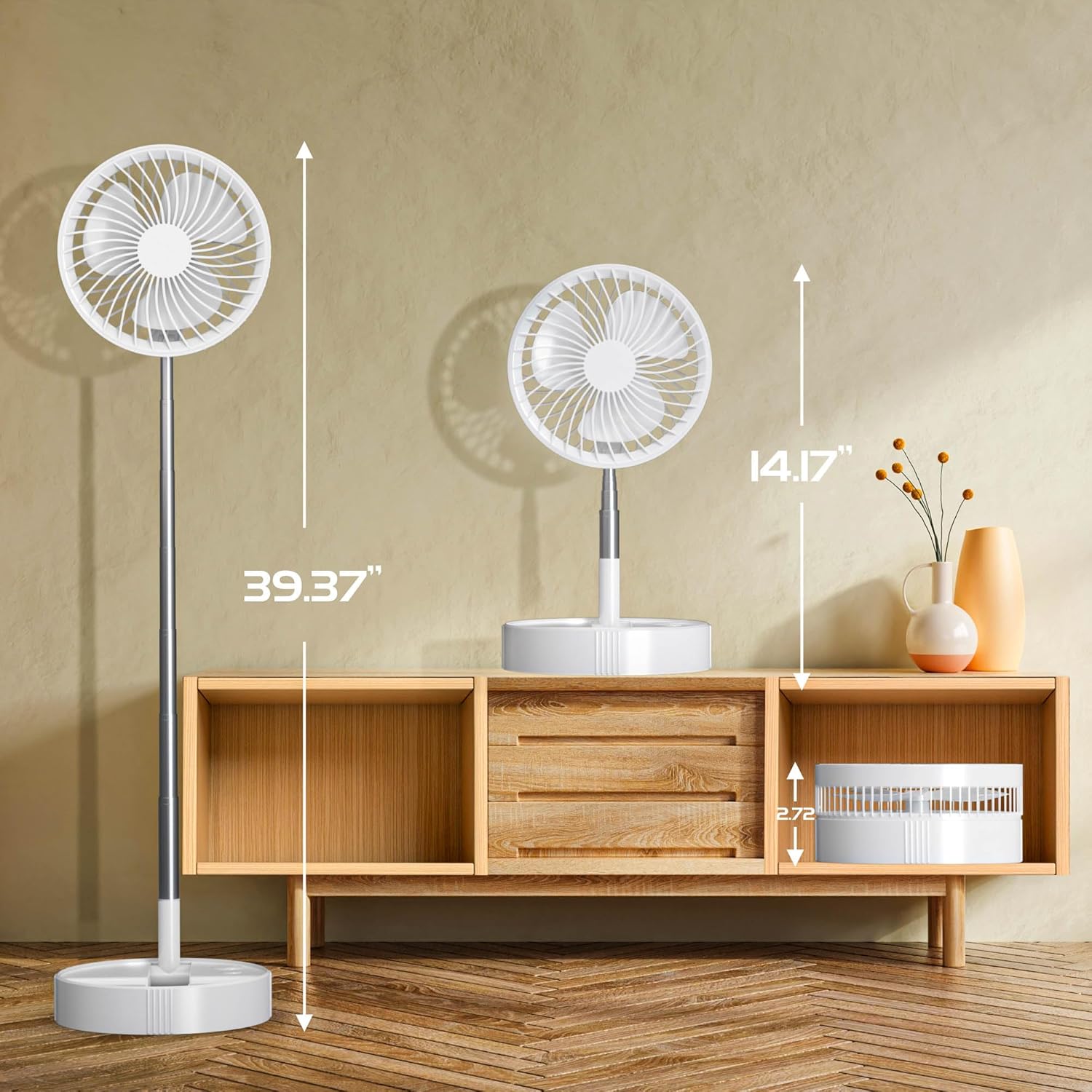NOVELISH Ventilador de pedestal plegable, ventilador inalámbrico de pie, ventilador de escritorio plegable, batería recargable de 7200 mAh, diseño