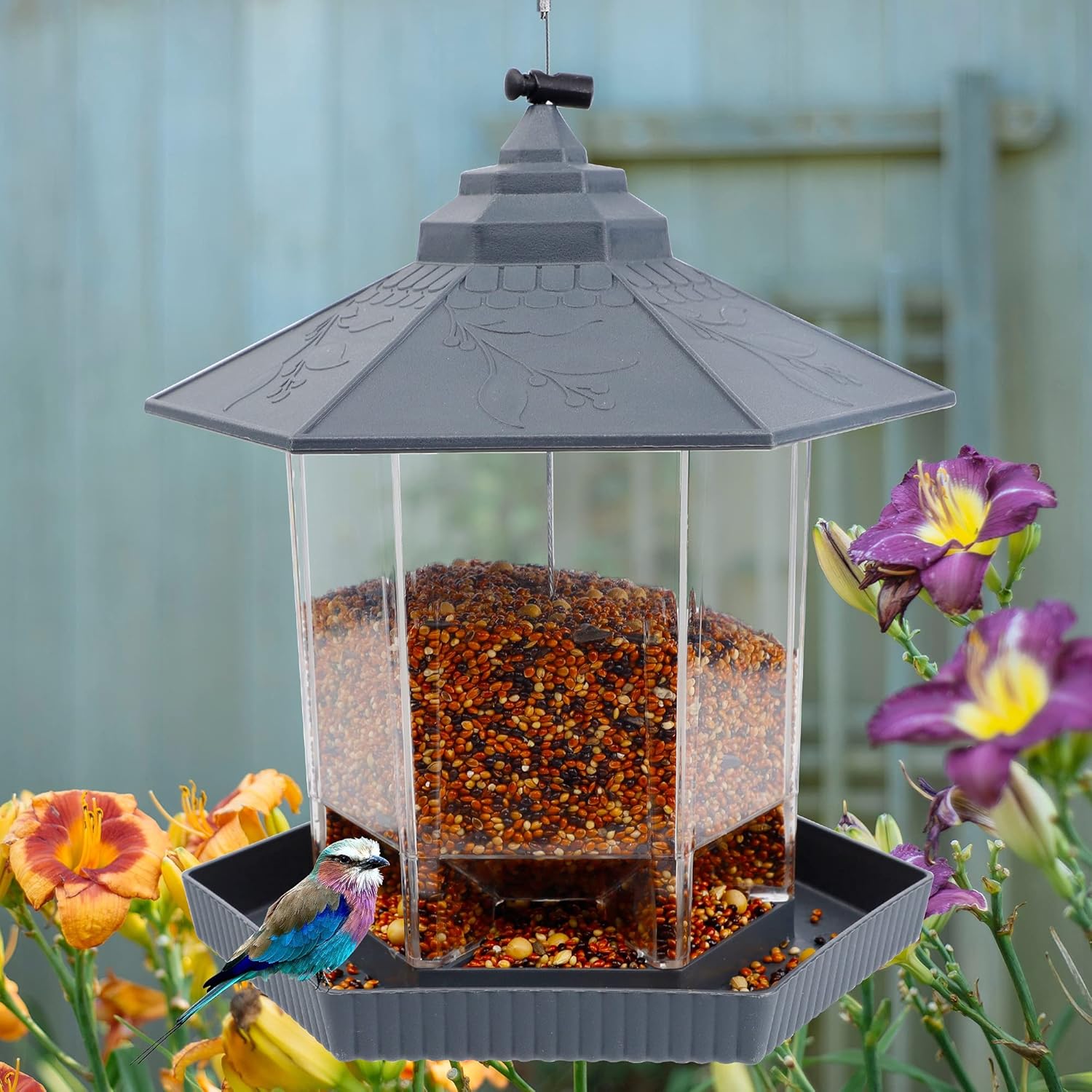 Twinkle Star – Comedero para pájaros silvestres, para colgar al aire libre, para decoración de jardín o patio, con forma hexagonal y con techo,