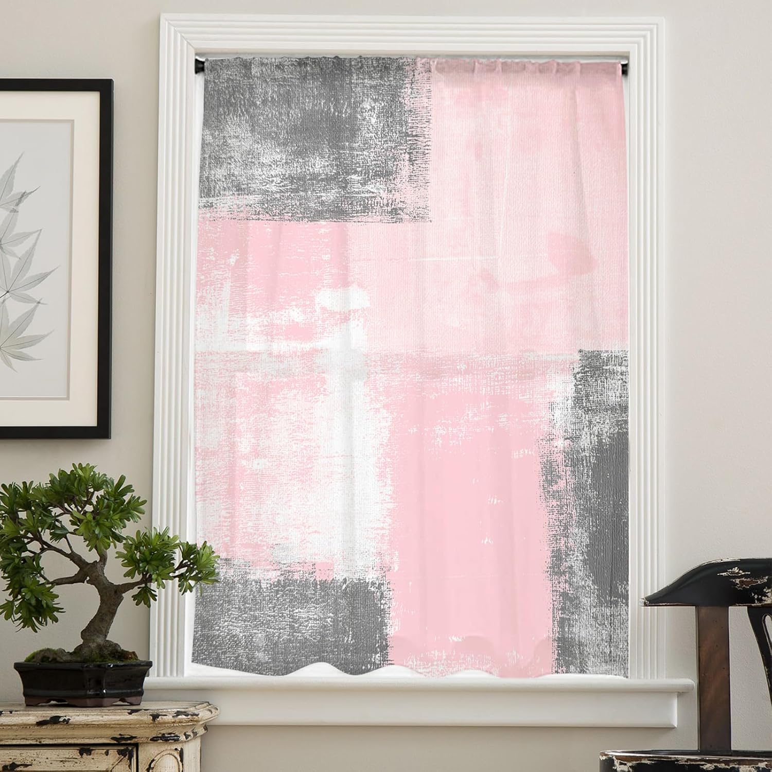 Cortinas de ventana color rosa y gris de 96 pulgadas de largo, cortinas de gasa semitransparentes con bolsillo para barra, cortinas de gasa para