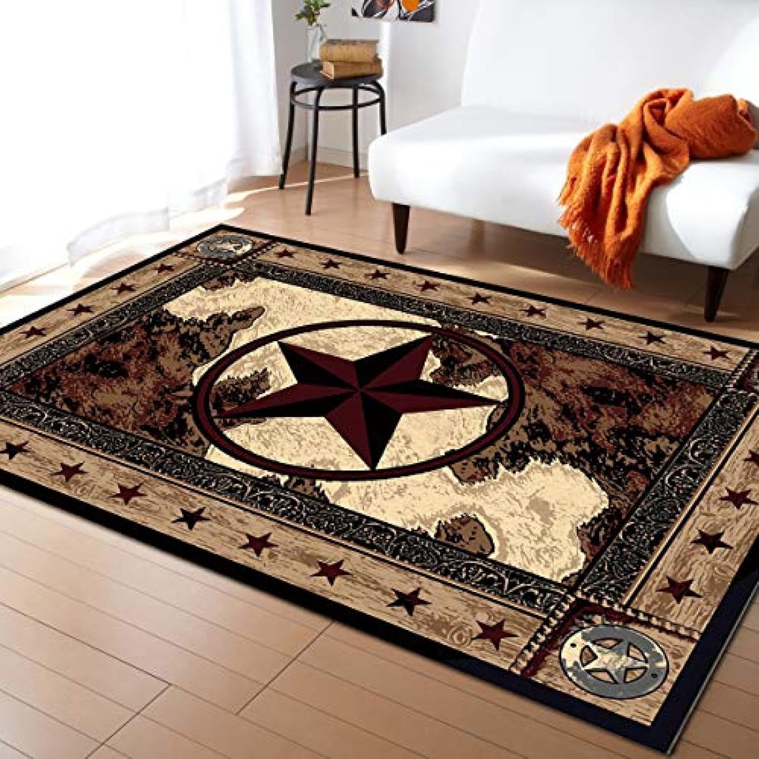 Alfombra rústica con estrellas del oeste de Texas, alfombra rectangular marrón vintage, lavable, plegable, antideslizante, resistente a la suciedad,
