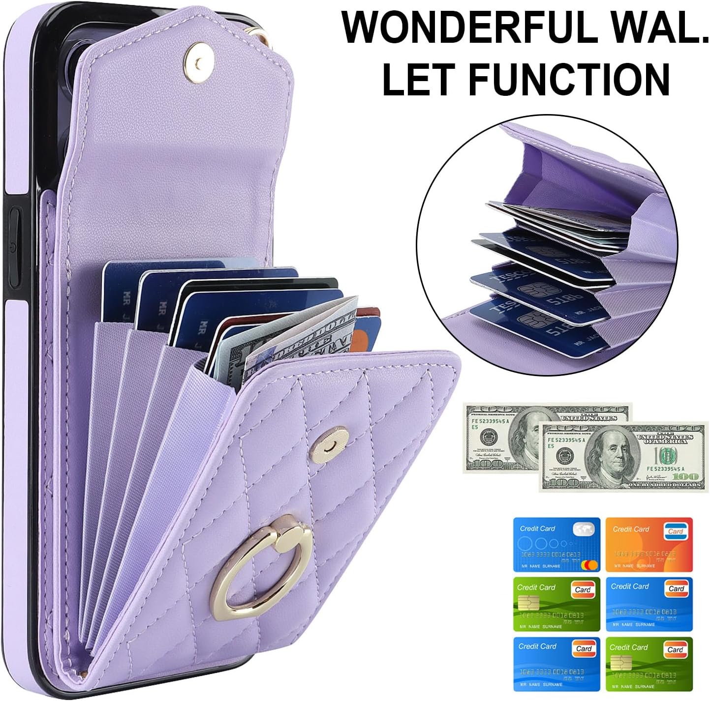 CHENRLIAN Compatible with iPhone 15 Pro Max Wallet Case with Card Holder, 360 Rotation Finger Ring Holder Kickstand, Leather Wallet Case and