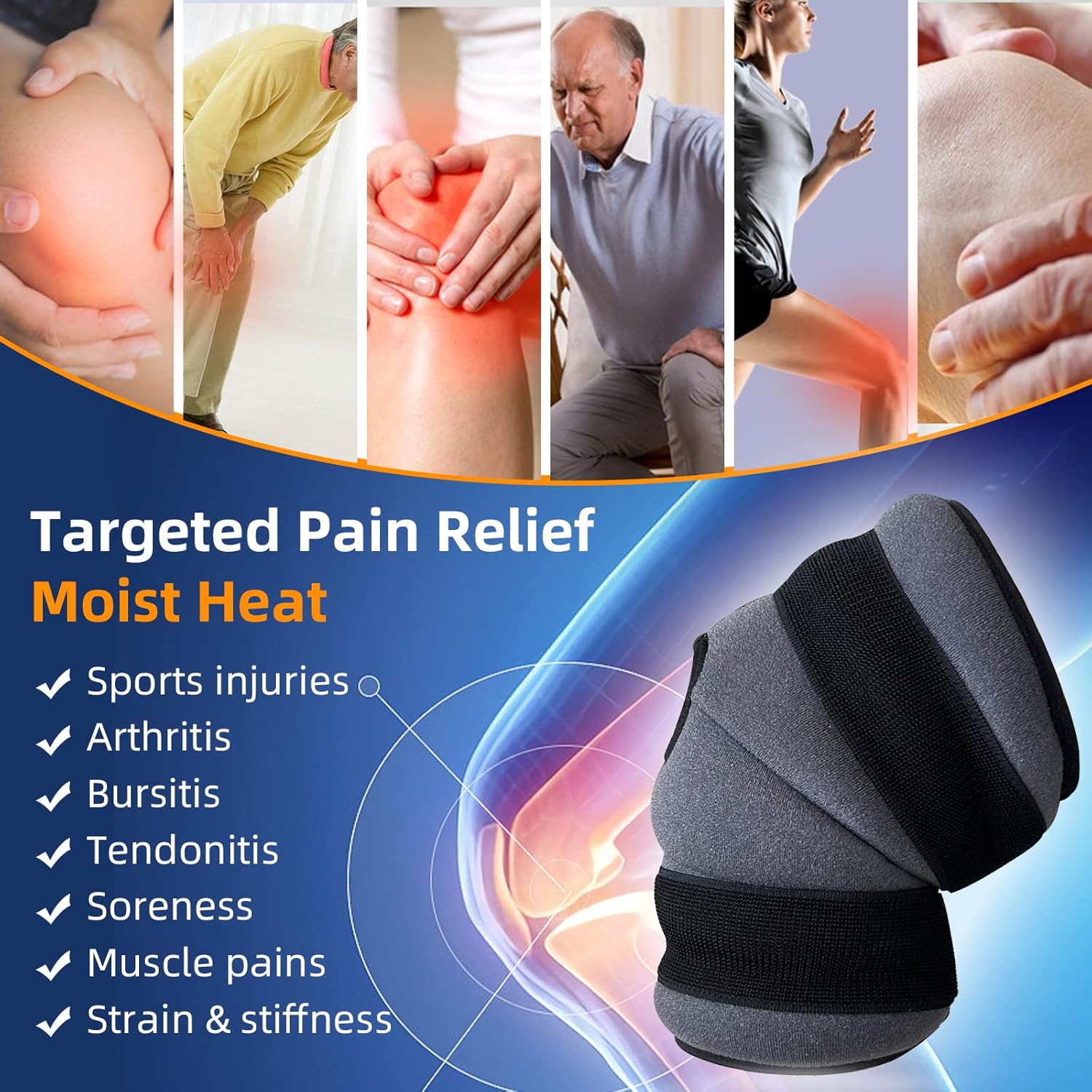 Rodilleras para dolor de rodilla, almohadilla térmica para microondas de 15.5 x 8.26 pulgadas, compresión de envoltura térmica para dolor articular,