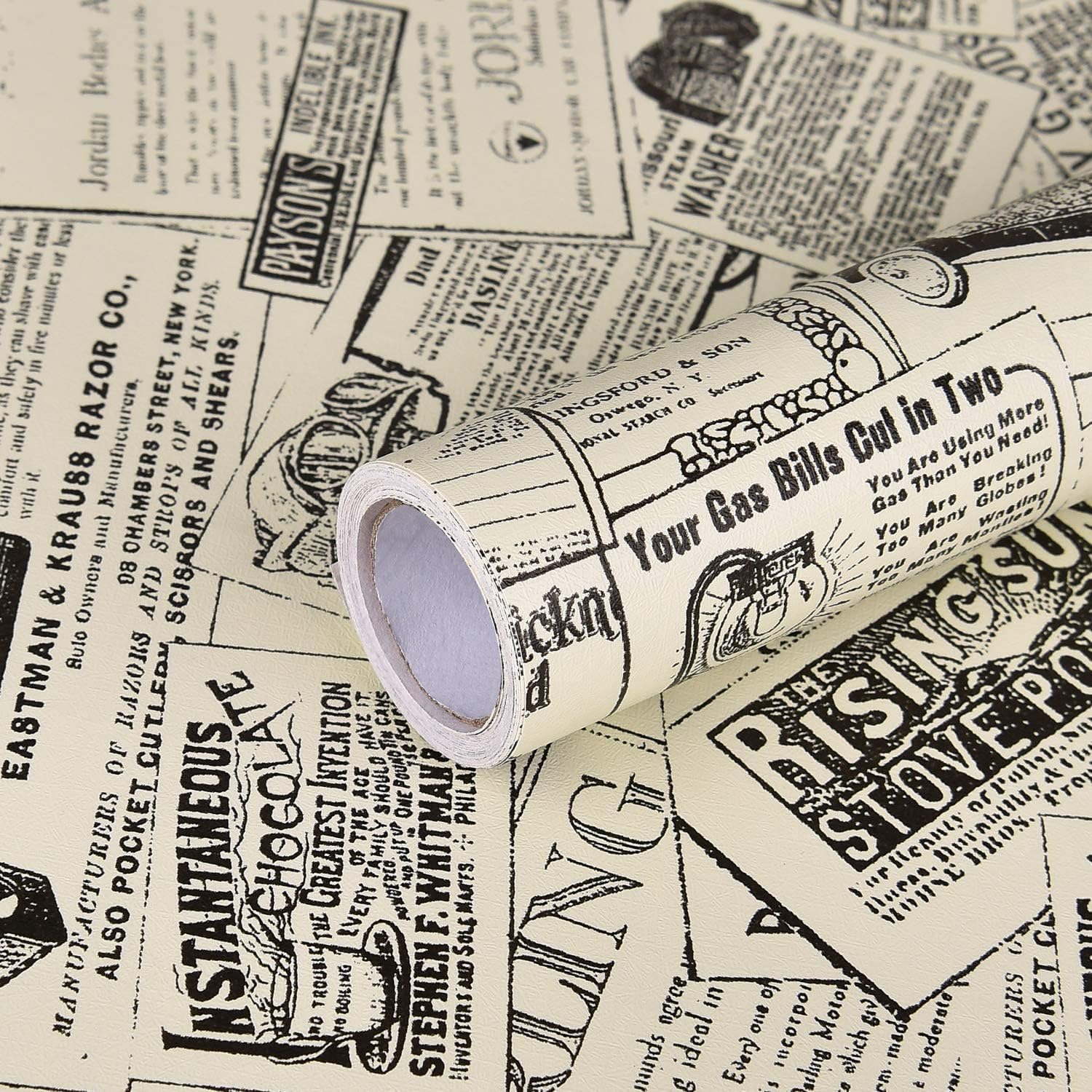WENMER Papel de contacto de periódico de 17.71 x 590 pulgadas, papel tapiz autoadhesivo vintage para despegar y pegar, papel tapiz extraíble para