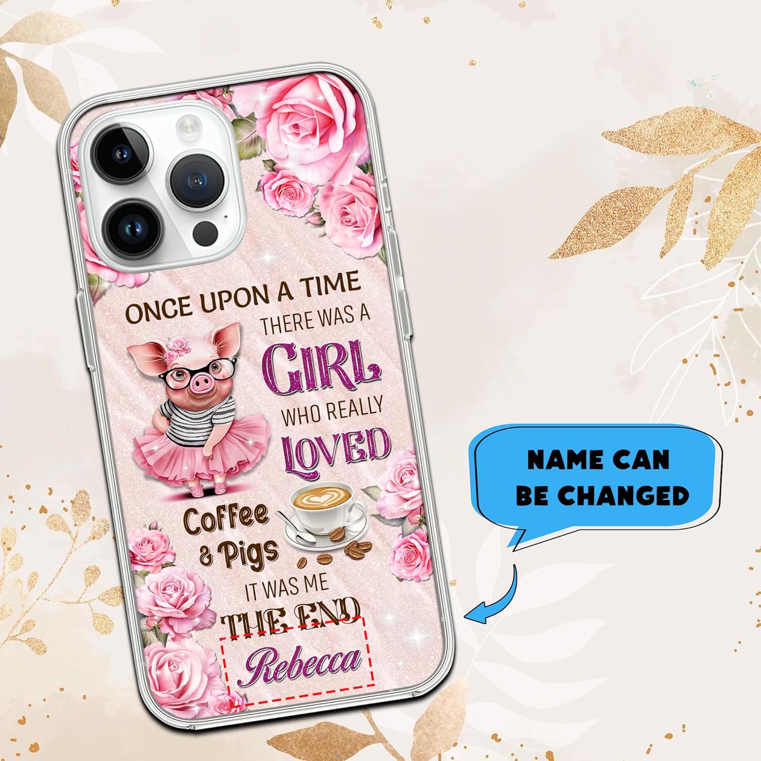 Funda de teléfono con nombre personalizado, diseño de cerdos, diseño divertido de animales de granja, regalo para amantes de los cerdos para niñas y