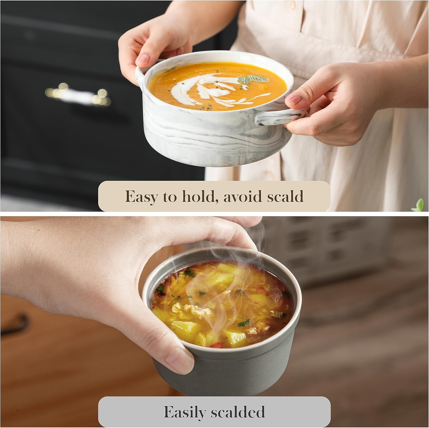 MALACASA Tazones de sopa de cebolla francesa, cuencos grandes de cerámica de 26 onzas con asas, juego de 4 tazones de sopa para servir para