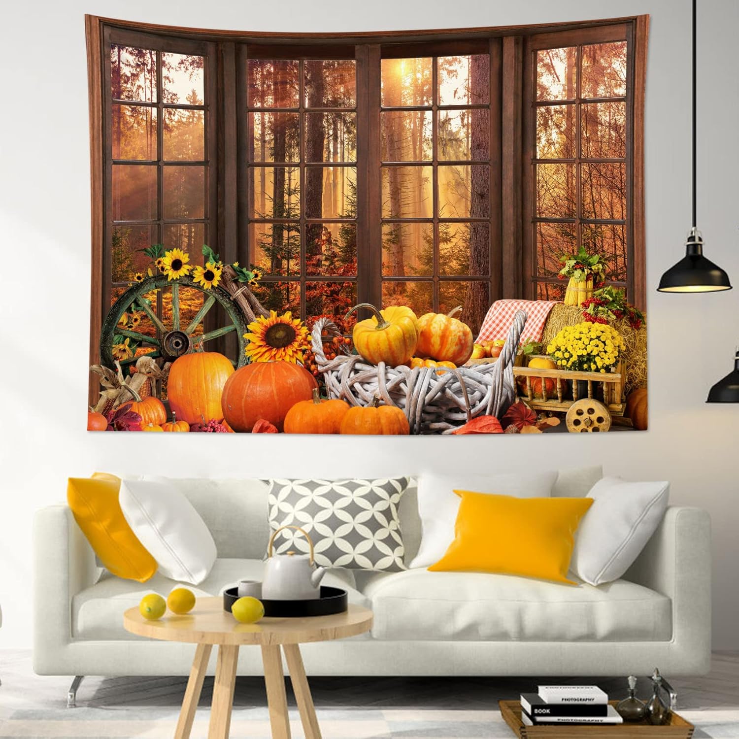 HVEST Tapiz de otoño con árbol de arce, bosque, paisaje exterior, ventana, para dormitorio, girasol, calabaza, Acción de Gracias, tapiz de pared