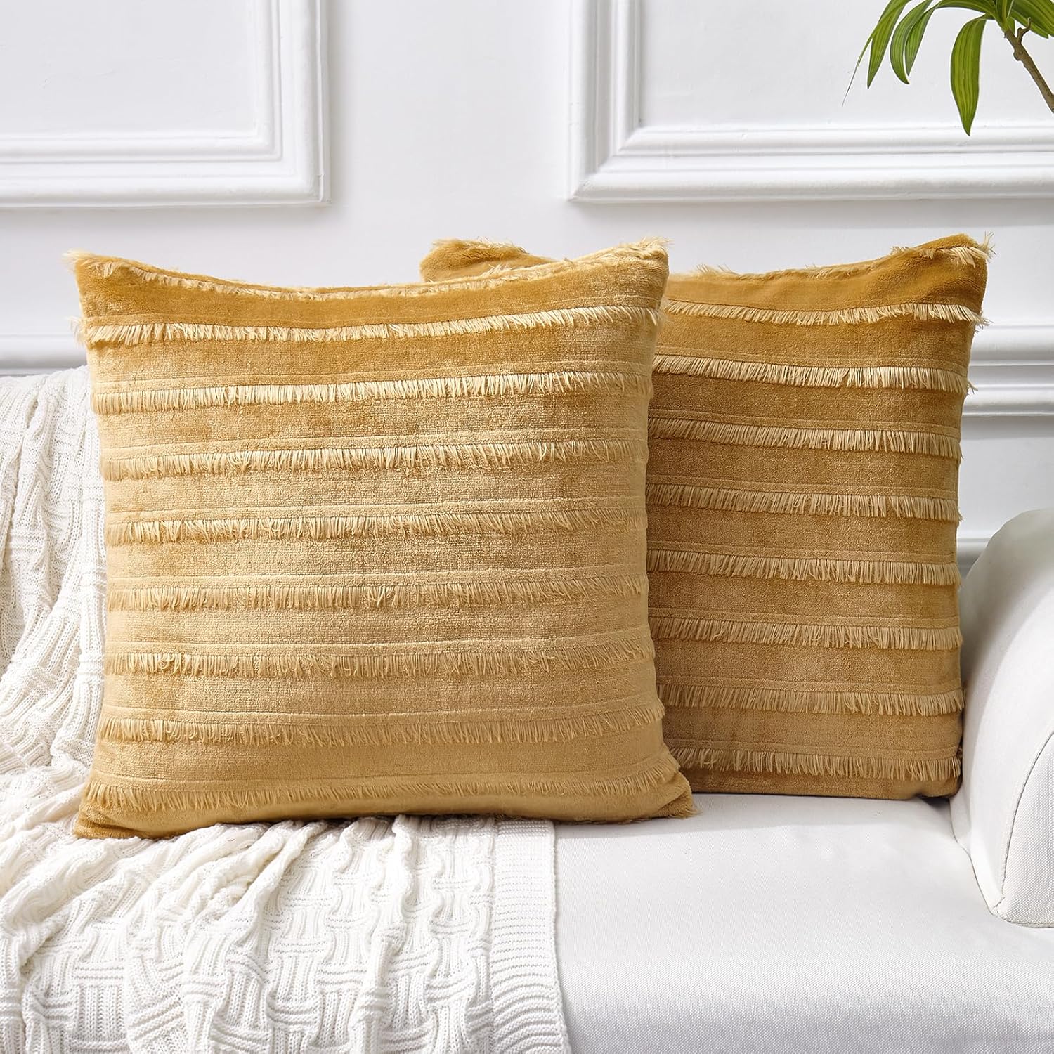 Juego de 2 fundas de almohada bohemias de franela a rayas suaves de felpa sintética, cuadradas, decorativas, para sofá, sala de estar, 18 x 18