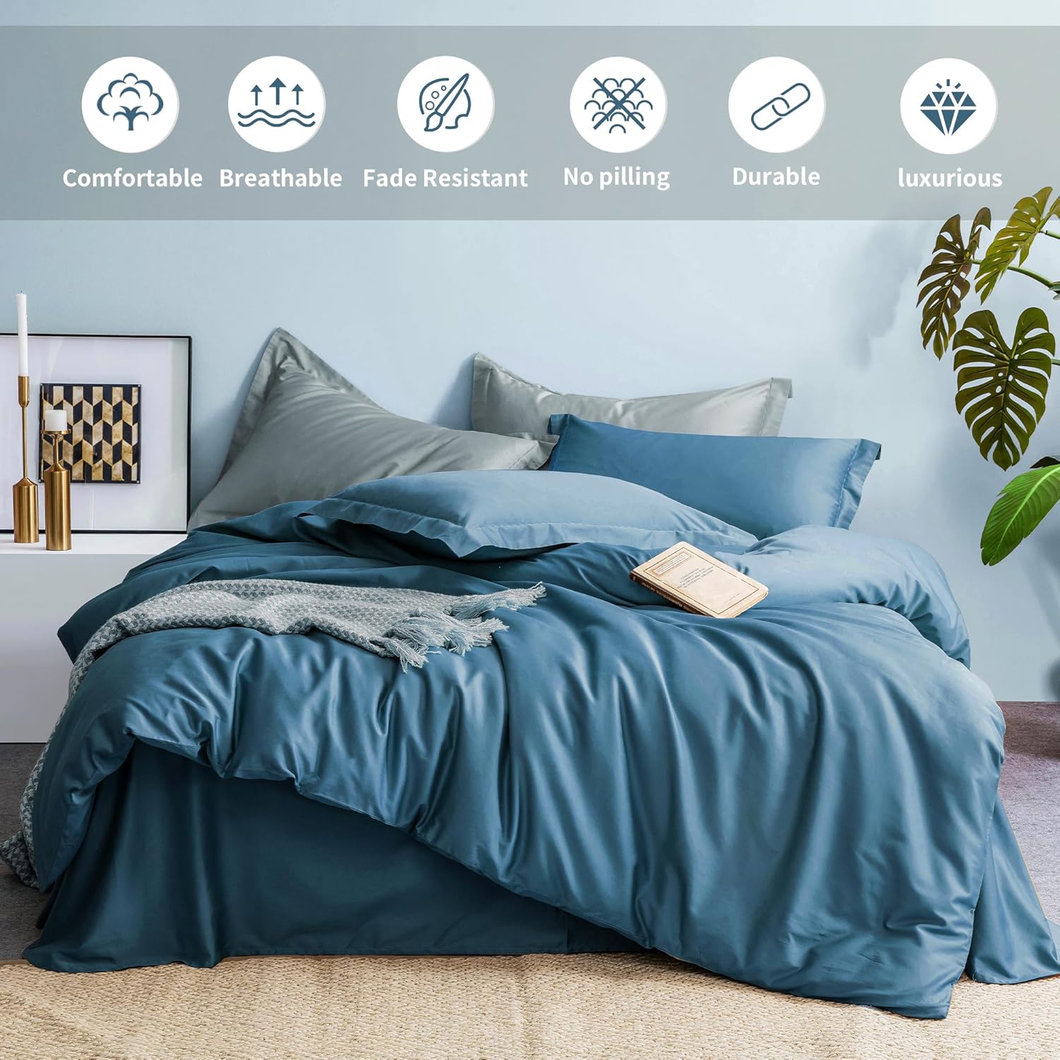 MILDLY Juego de funda de edredón 100% algodón de fibra larga, tamaño King, juego de funda de edredón azul verdoso, juego de ropa de cama ultra
