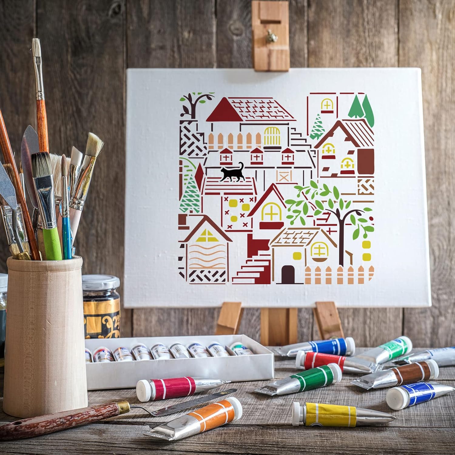 FINGERINSPIRE Houses – Plantilla de pintura de pueblo pequeño de 11.8 x 11.8 pulgadas, árboles reutilizables, para gatos, plantilla de plástico PET