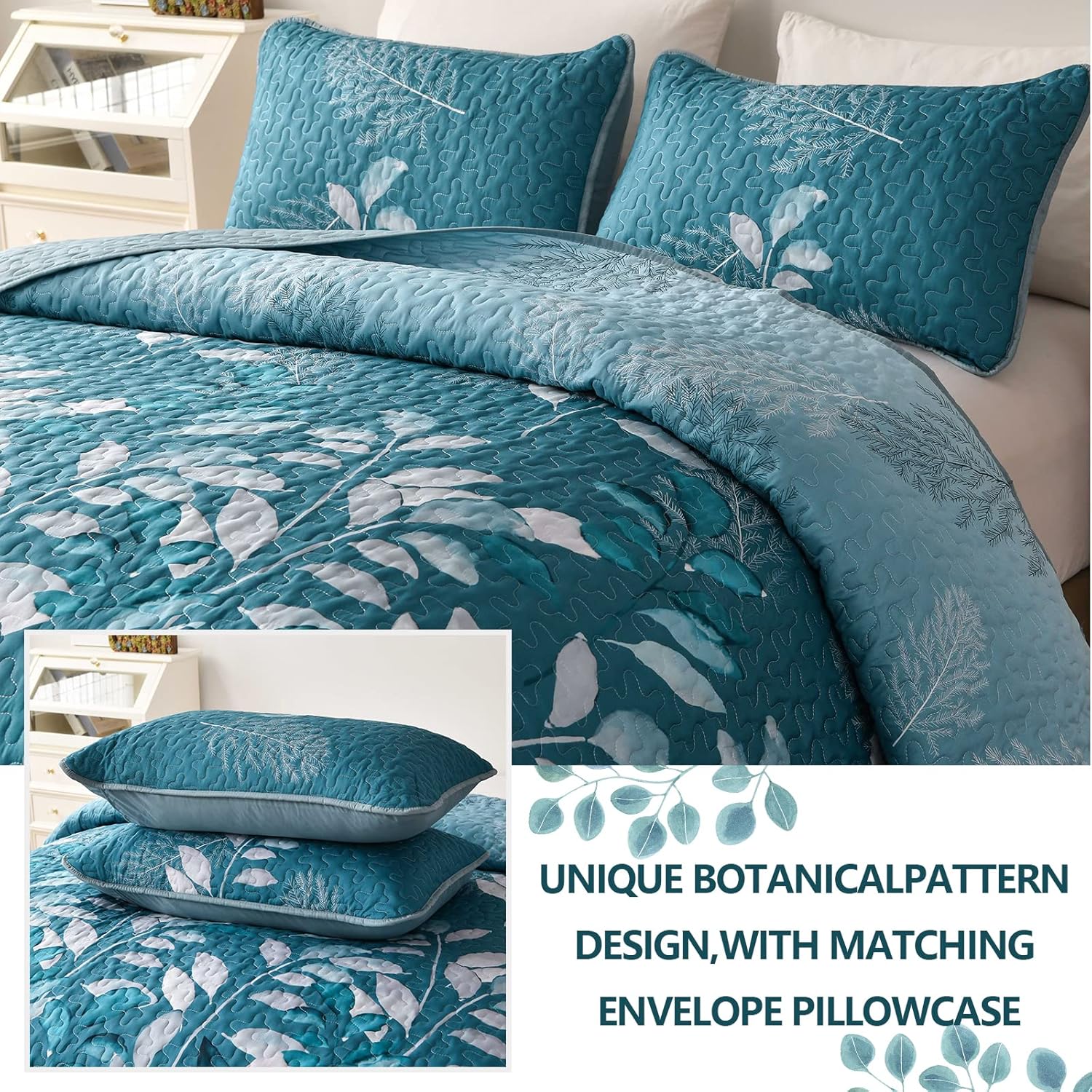 WONGS BEDDING Juego de edredón California King, juego de colcha de 3 piezas con hojas botánicas florales verde azulado con 2 fundas de almohada para