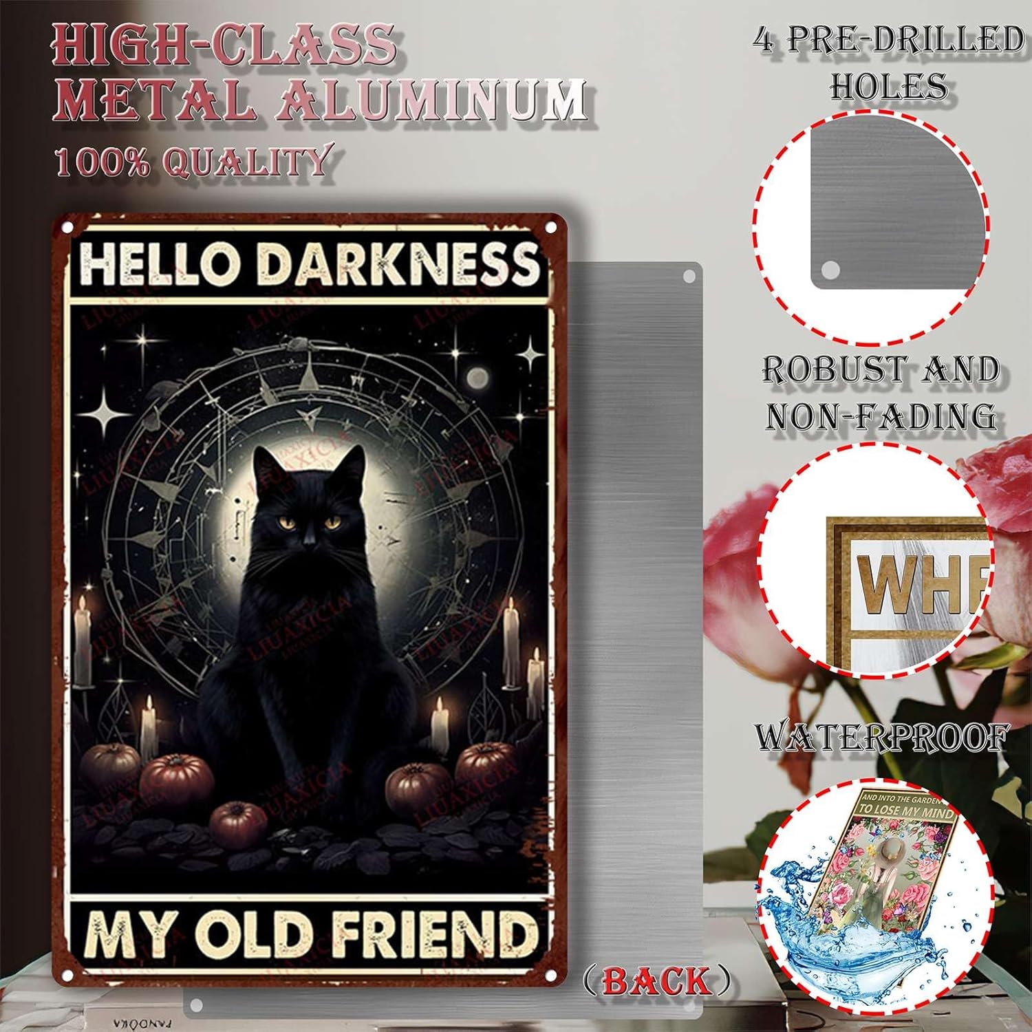 Cartel de metal de hojalata con diseño de gato negro, luna roja, brujas, Hello Darkness My Old Friend, decoración de fiesta vintage para sala de