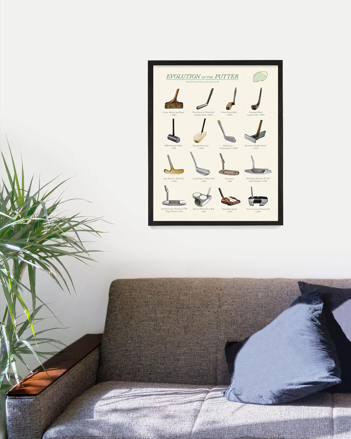 – Póster de la Evolución del Putter de Golf – Arte de pared de golf – Decoración del hogar de la casa – Regalo de golf – Impresión enmarcada de 16 x