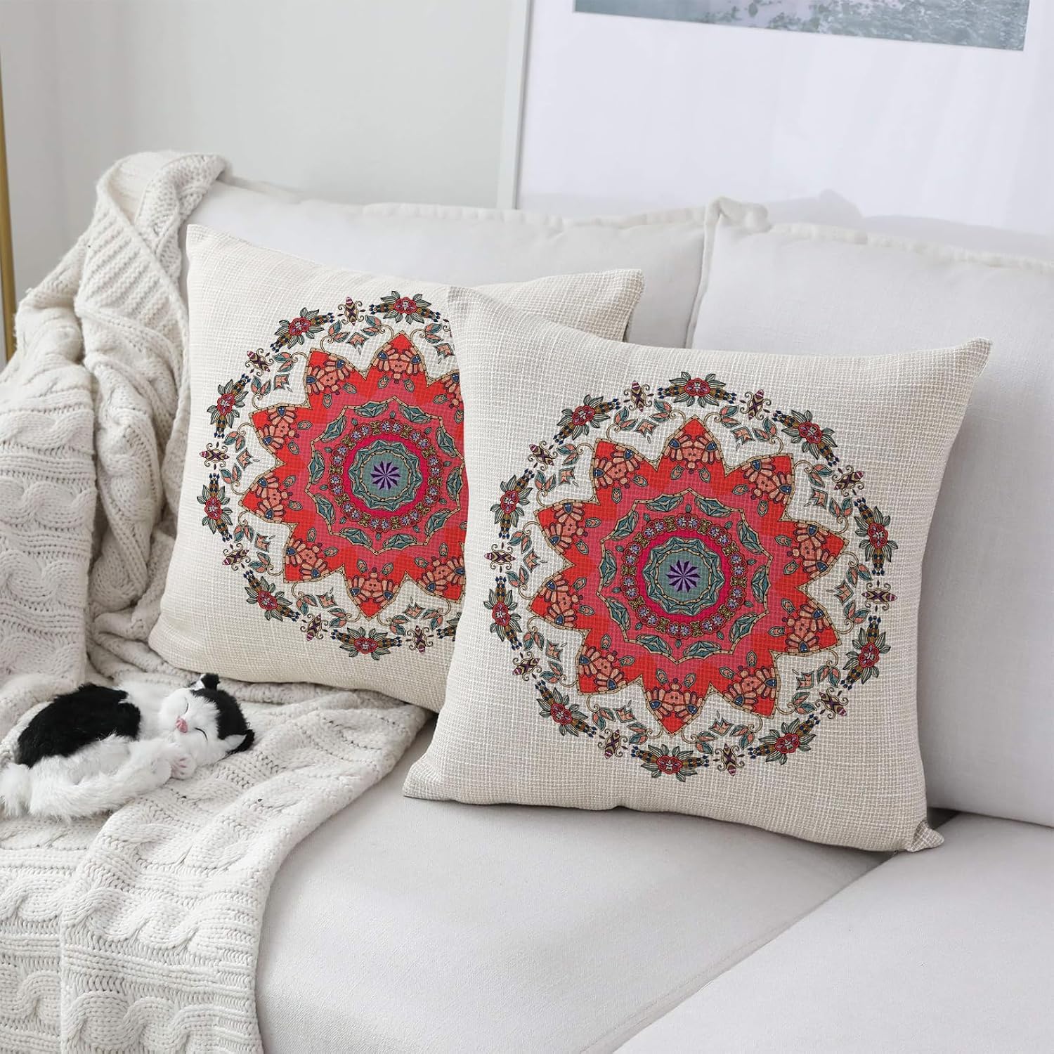 Juego de 2 fundas de almohada de 18 x 18 pulgadas con diseño de flores de mandala sobre fondo blanco, decoración de exteriores, fundas de almohada
