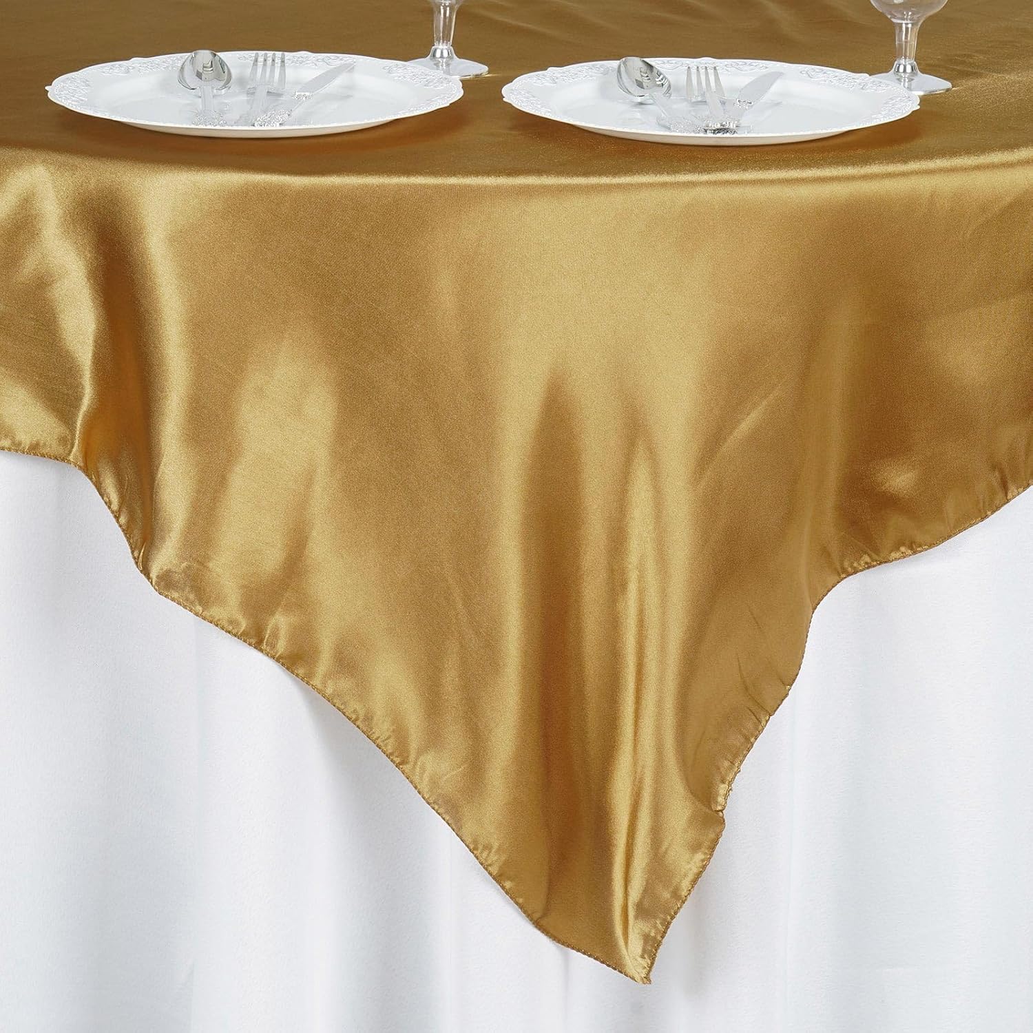 Efavormart – Paquete de 5 manteles cuadrados de satén de 60 pulgadas para decoración de mesa de bodas, catering, fiestas, manteles cuadrados dorados