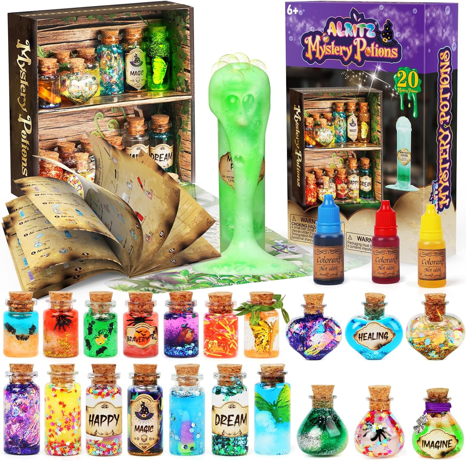 Alritz Kit de pociones misteriosas para niños, 20 botellas de poción de bruja de mezcla mágica, decoraciones para el día de la madre, mesa de