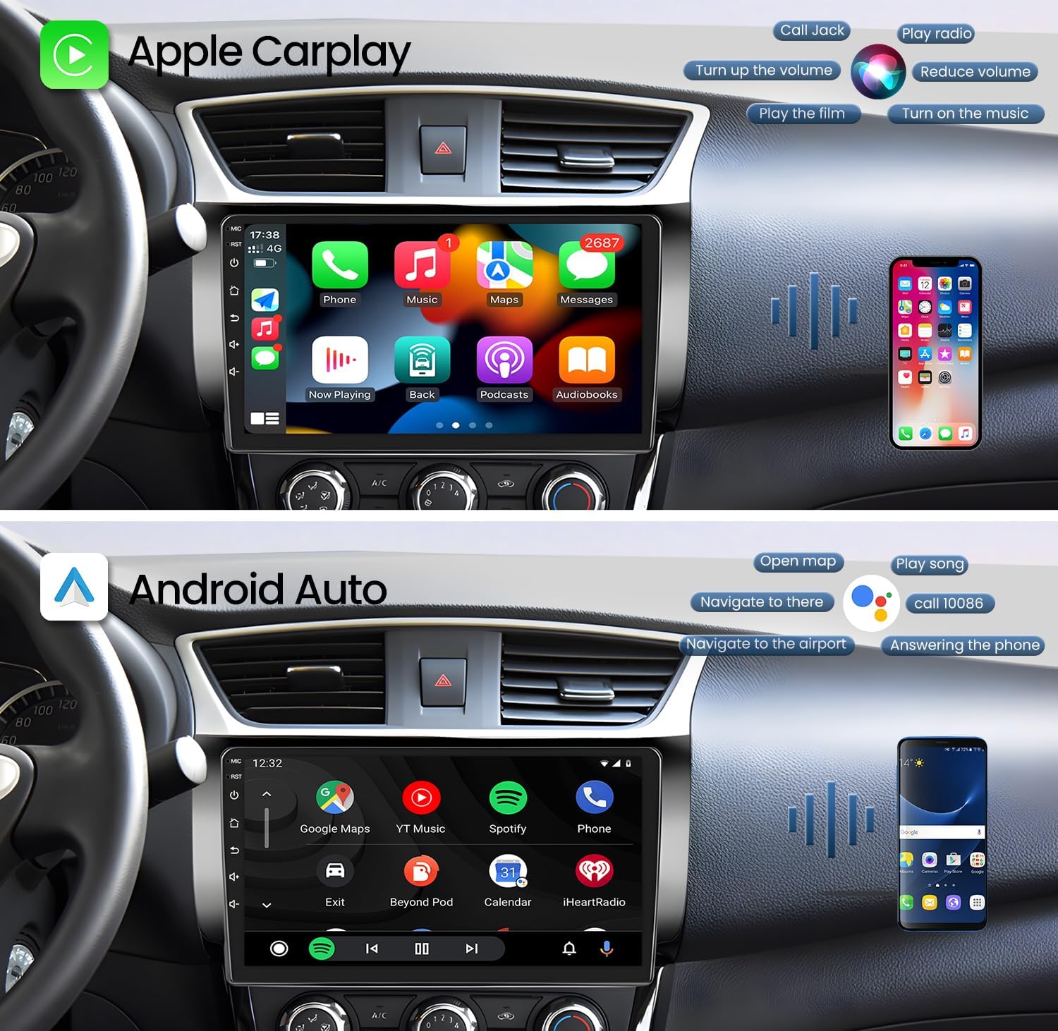 Estéreo de coche de 4 núcleos 2+32G para Nissan Sentra 2013-2017, pantalla táctil de 10.1 pulgadas con CarPlay y Android Auto, con cámara de