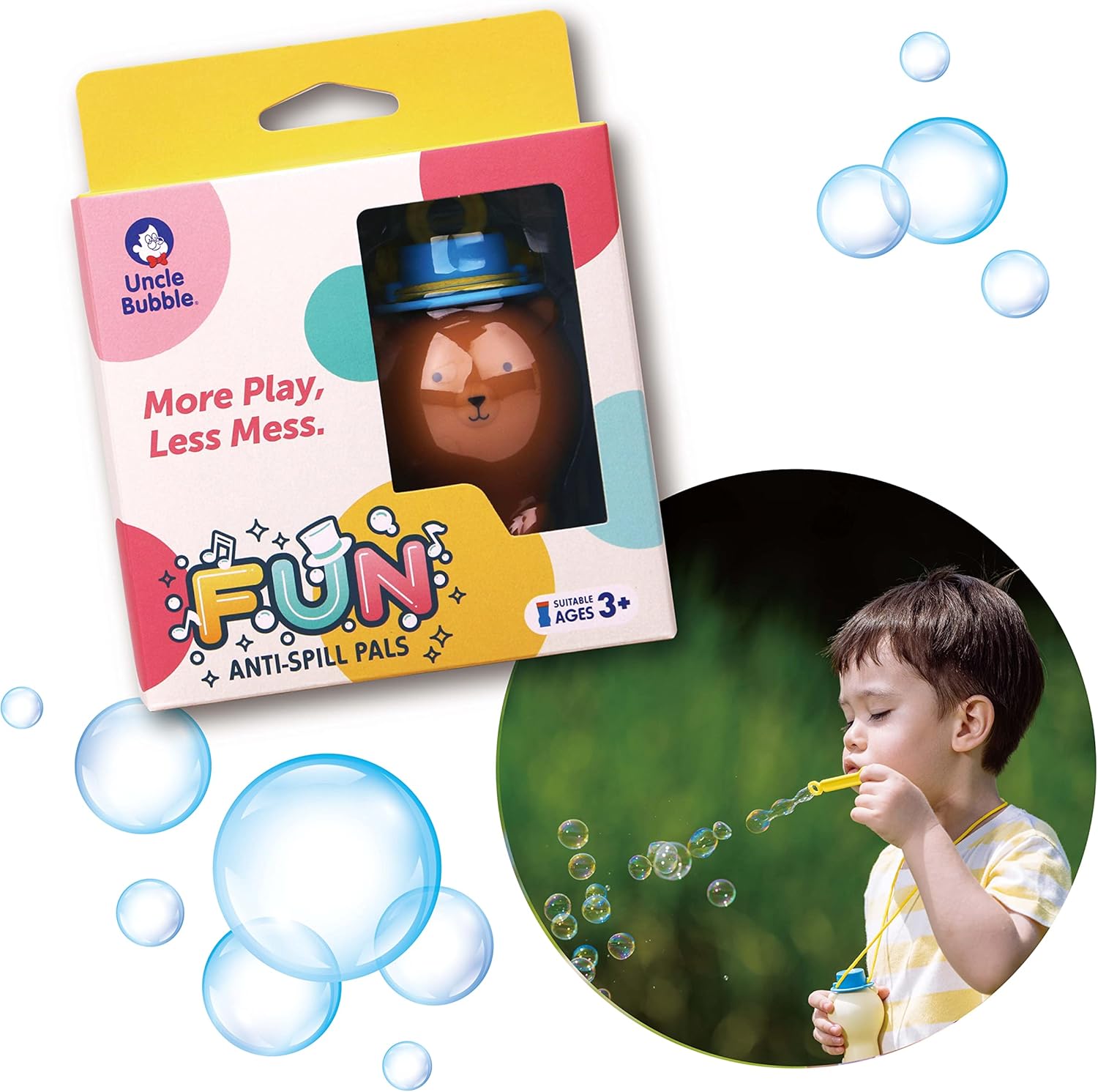 UNCLE BUBBLE Divertidos amigos antiderrames, más juego, menos desorden  Resistente a derrames  Incluye oso encantador, solución de burbujas y 2