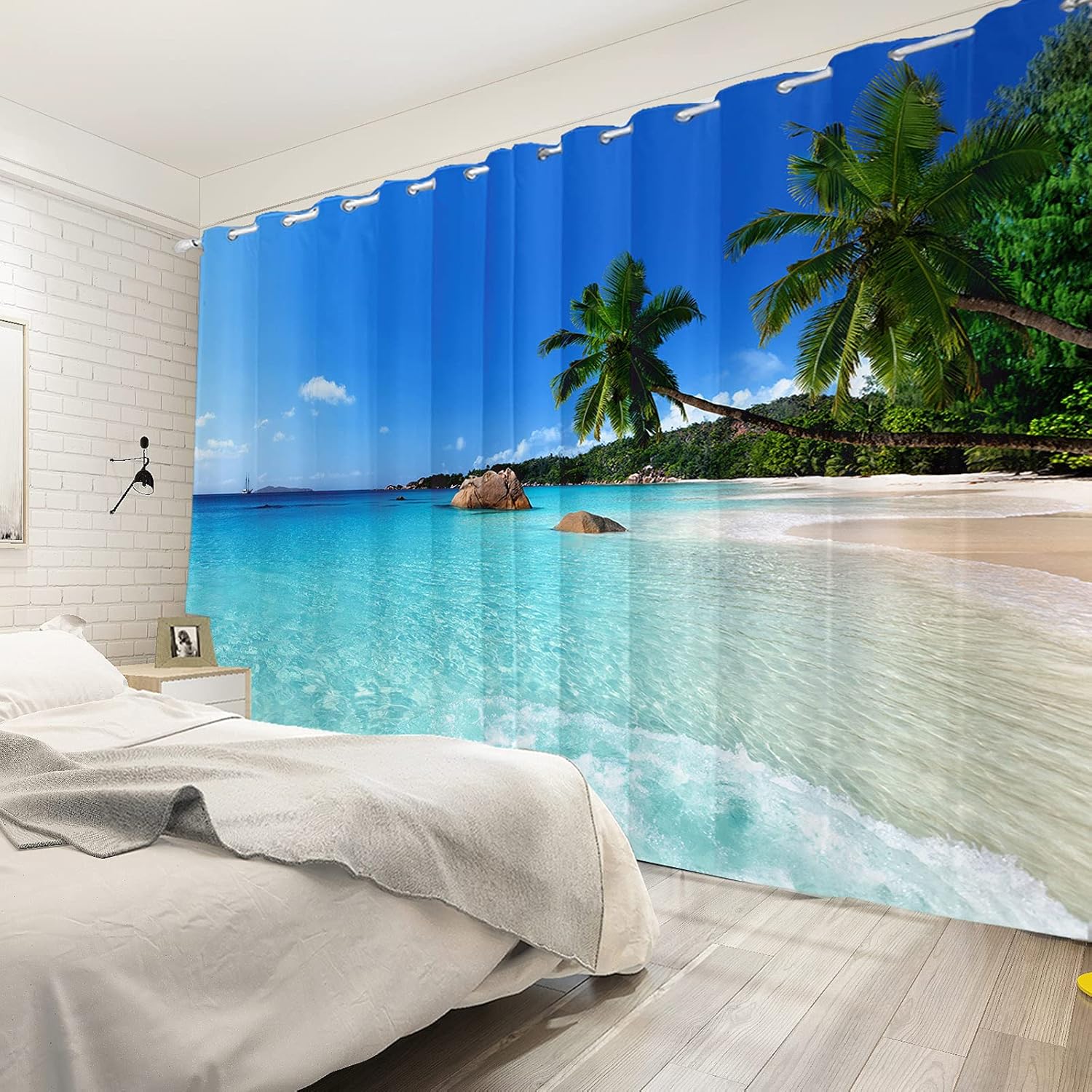 Renaiss Cortinas de ventana junto al mar, playa soleada, olas del océano, tratamiento de palmera de coco, cortinas opacas para hombre y mujer,